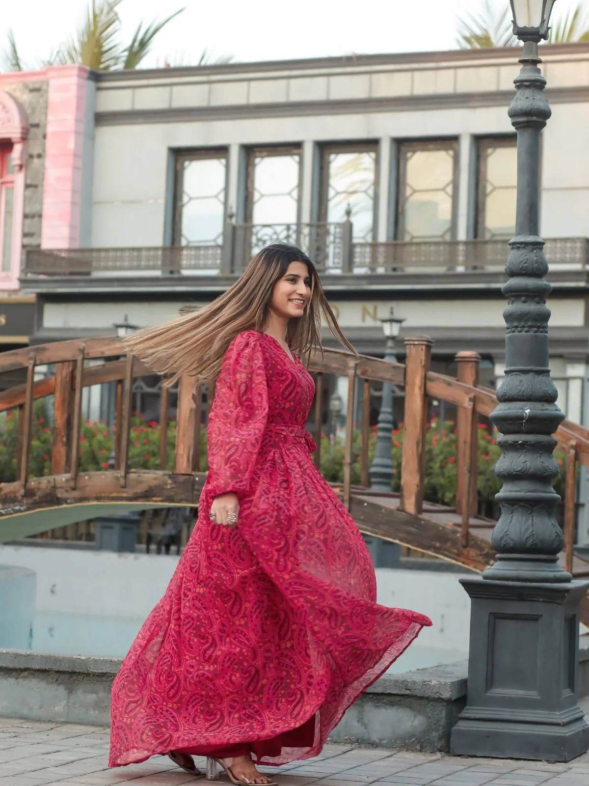 Odette Pink Chiffon Stitched Printed Indo Western Dress For Women - Image 3