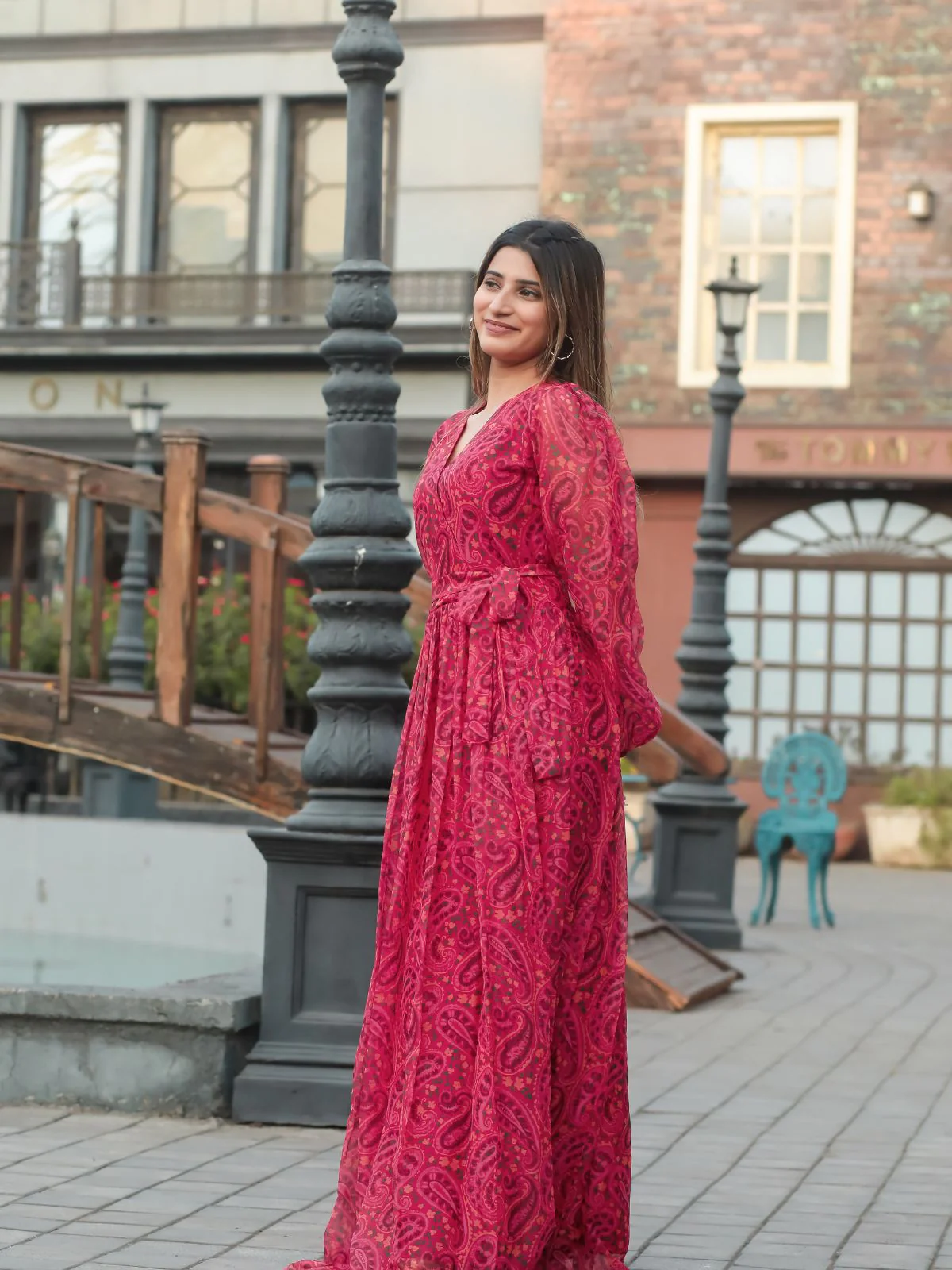 Odette Pink Chiffon Stitched Printed Indo Western Dress For Women - Image 4