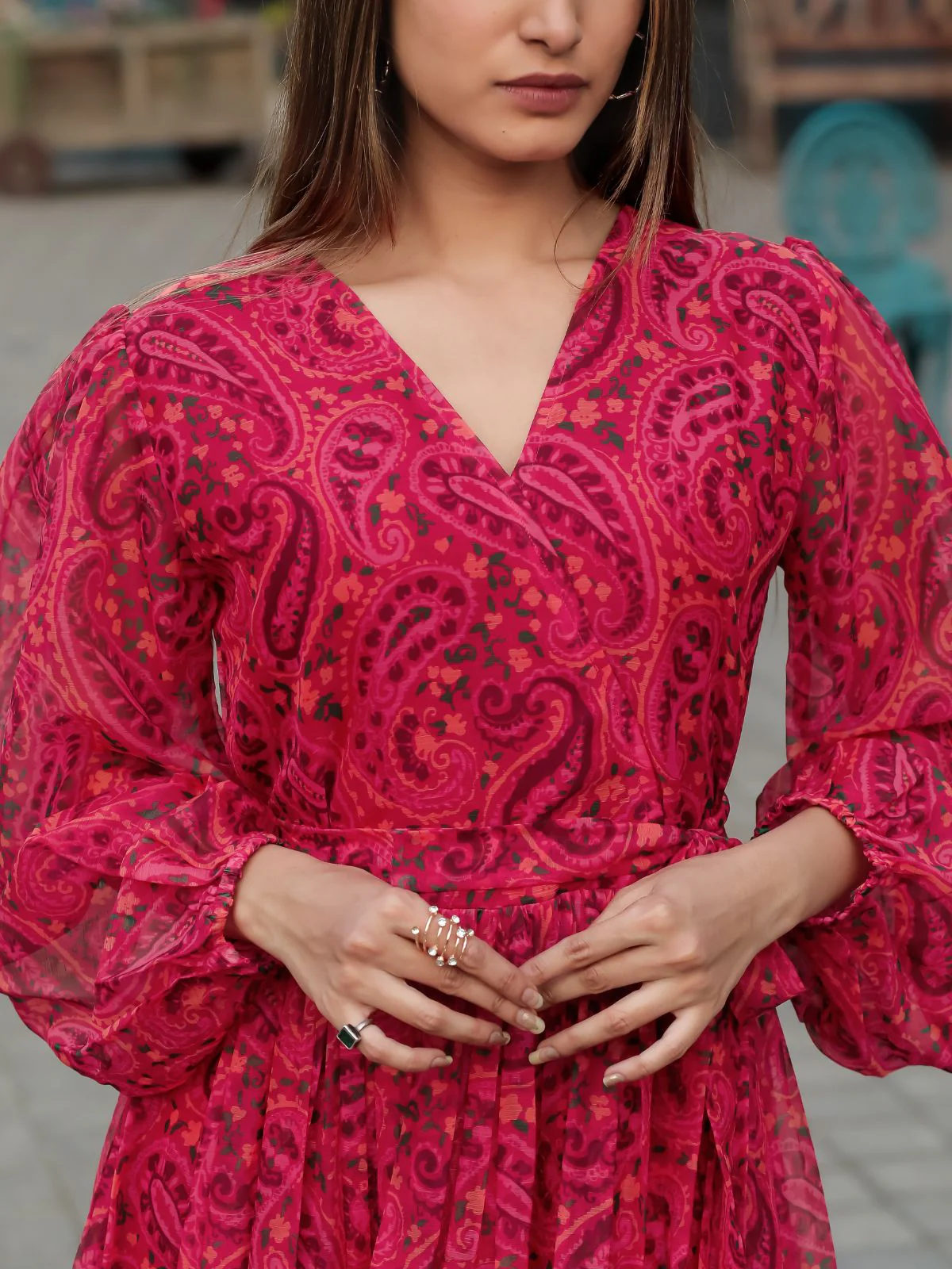 Odette Pink Chiffon Stitched Printed Indo Western Dress For Women - Image 7