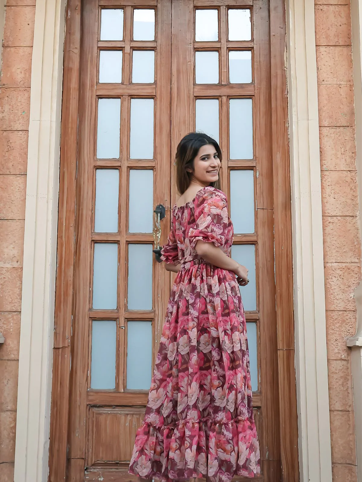 Odette Pink Chiffon Stitched Printed Indo Western Dress For Women - Image 4