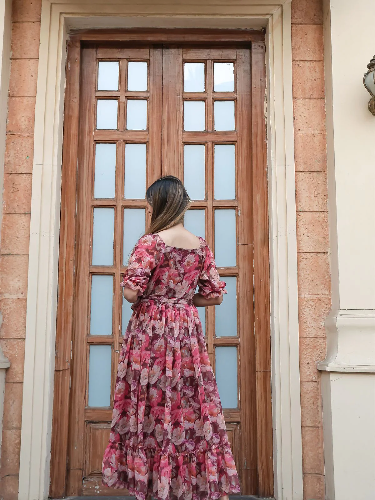 Odette Pink Chiffon Stitched Printed Indo Western Dress For Women - Image 5