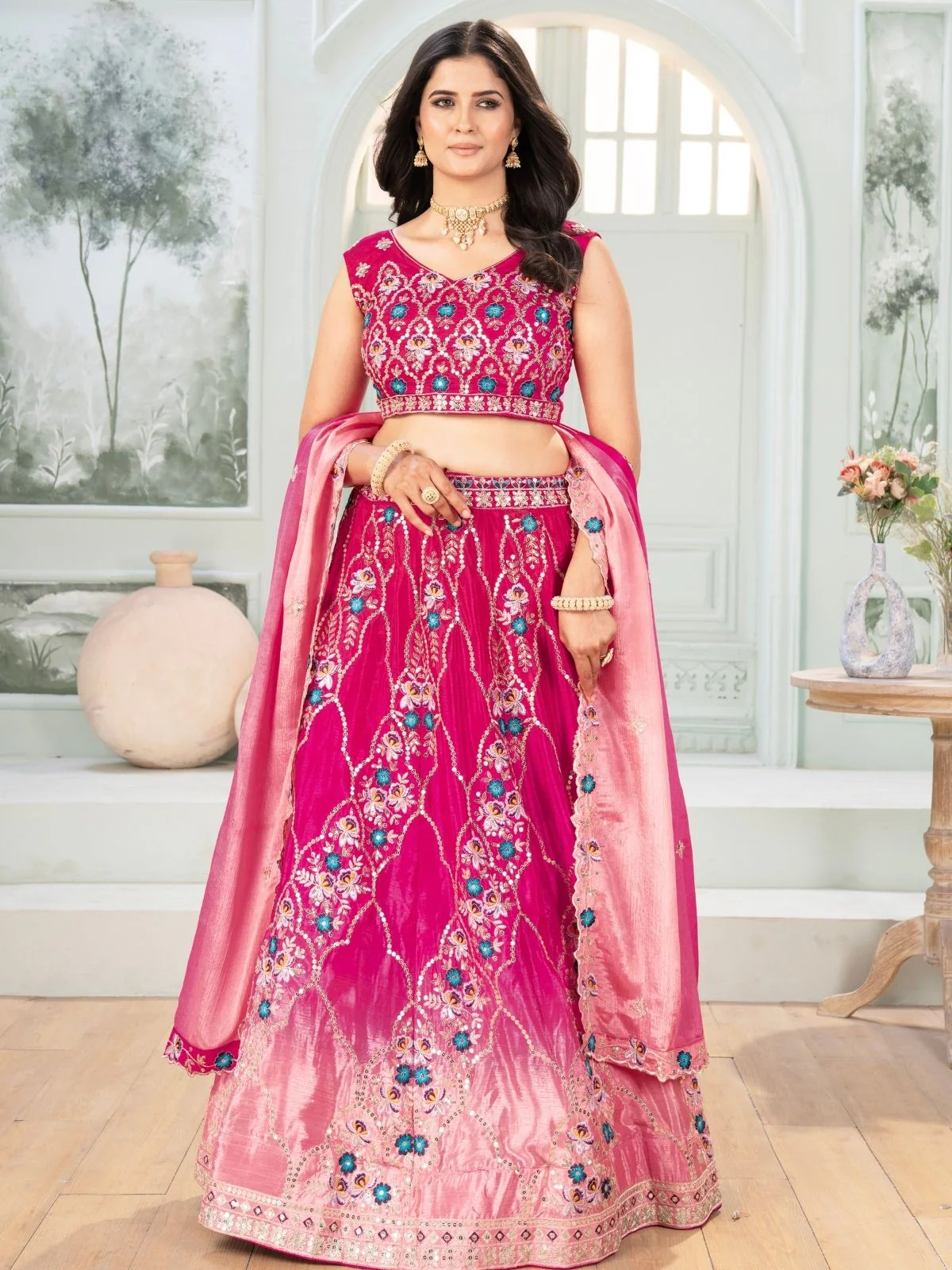 Odette Pink Chinon Embellished Semi Stitched Lehenga For Women - Image 2