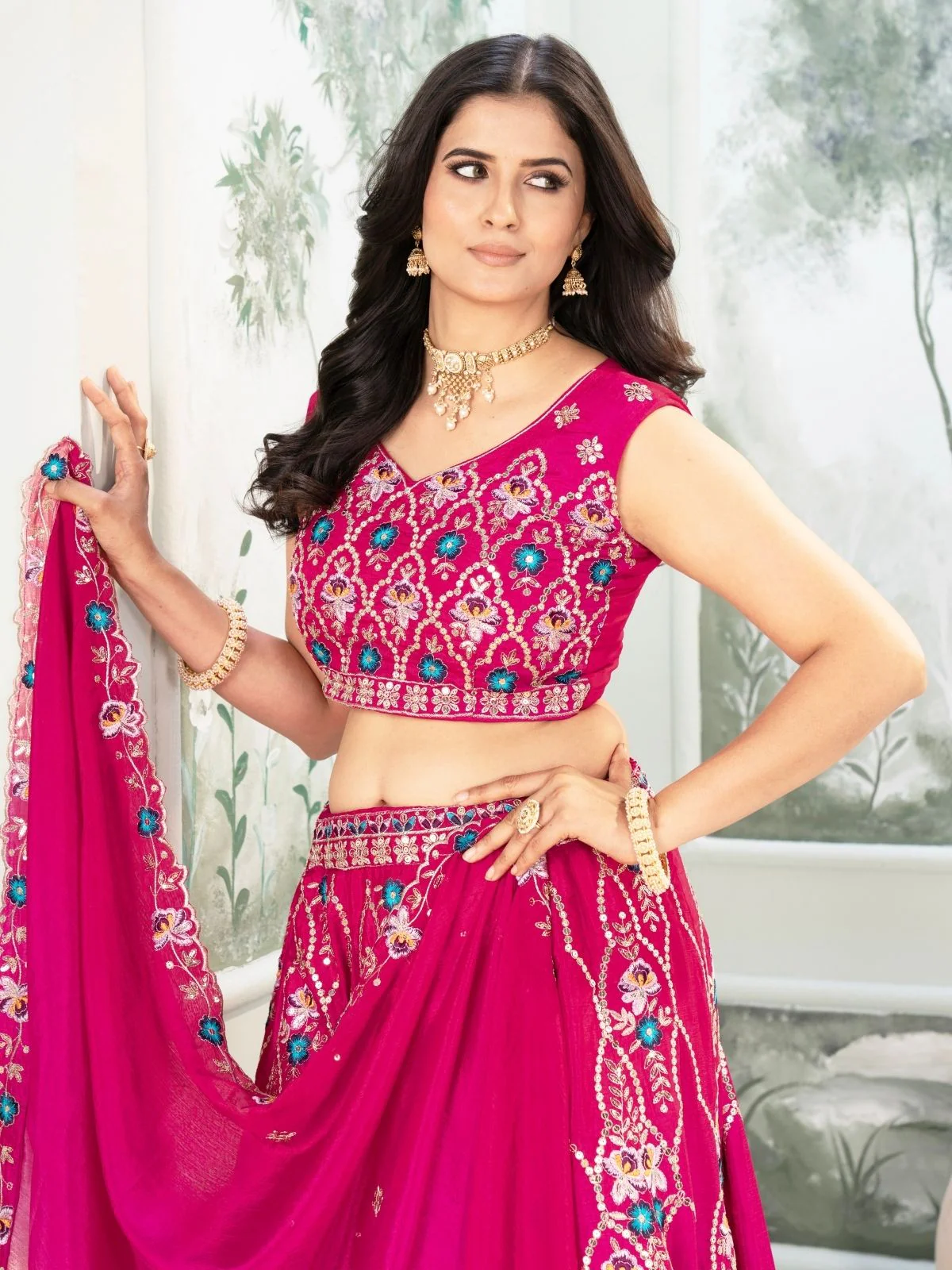 Odette Pink Chinon Embellished Semi Stitched Lehenga For Women - Image 4