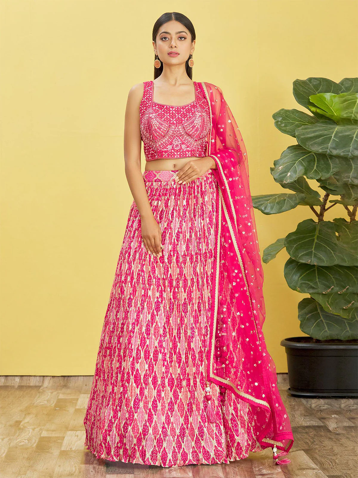 Odette Pink Chinon Embellished Semi Stitched Lehenga With Unstitched Blouse For Women - Image 2