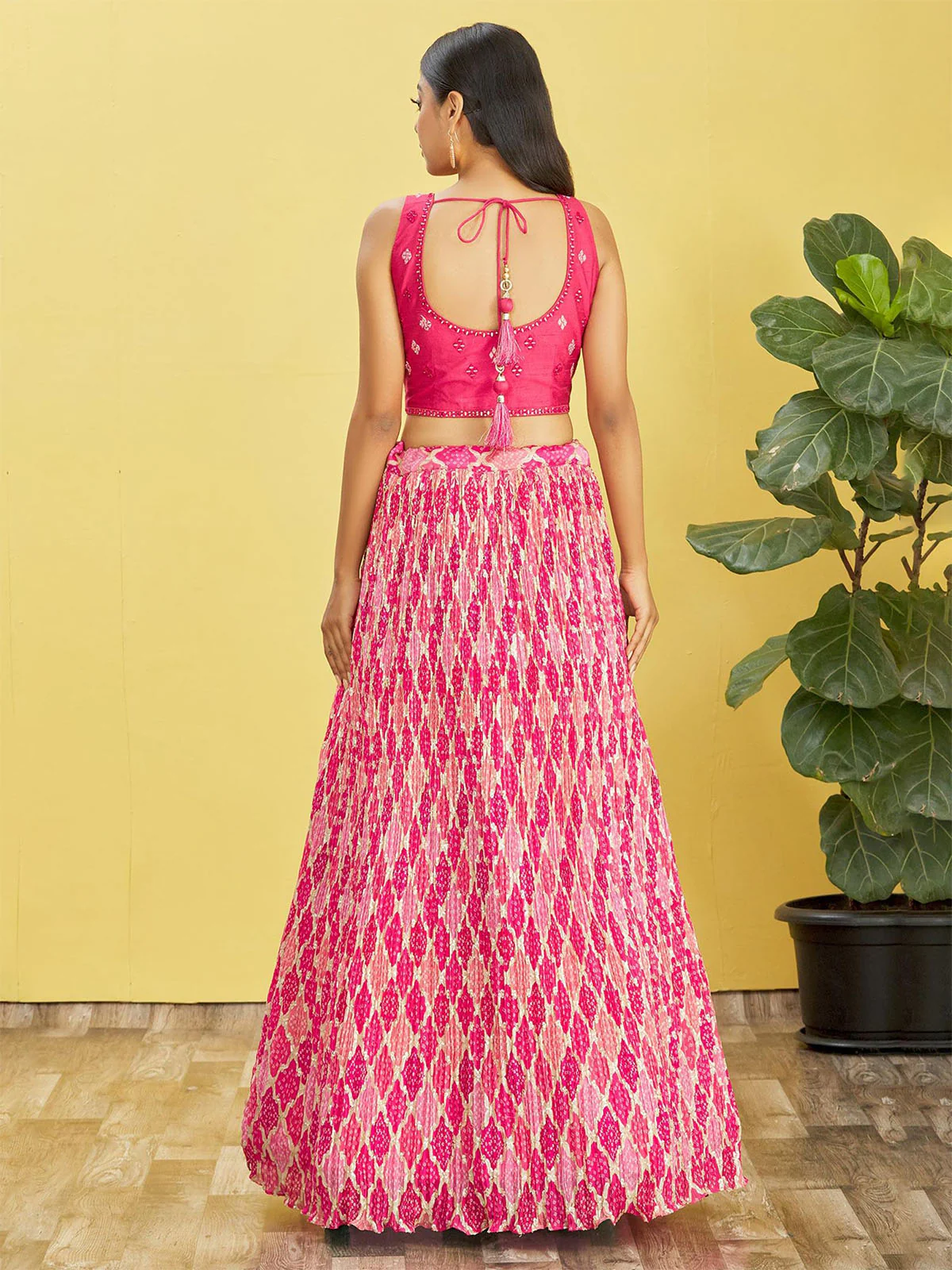 Odette Pink Chinon Embellished Semi Stitched Lehenga With Unstitched Blouse For Women - Image 3