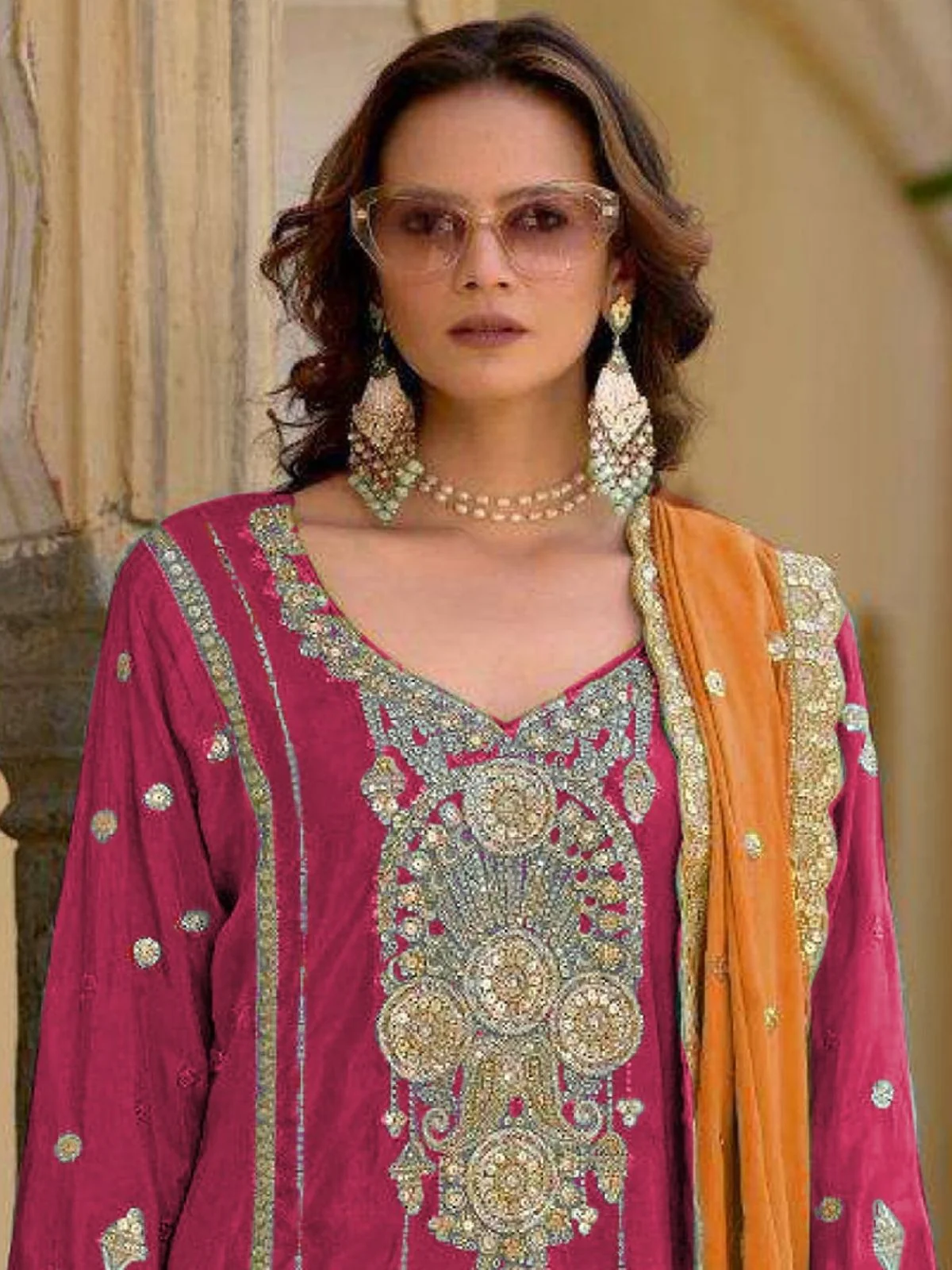 Odette Pink Chinon Embroidered Semi-Sitched Kurta Set For Women - Image 2
