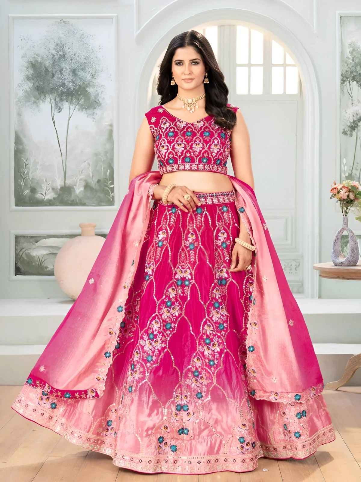 Odette Pink Chinon Embroidered Semi-Stitched lehenga For Women