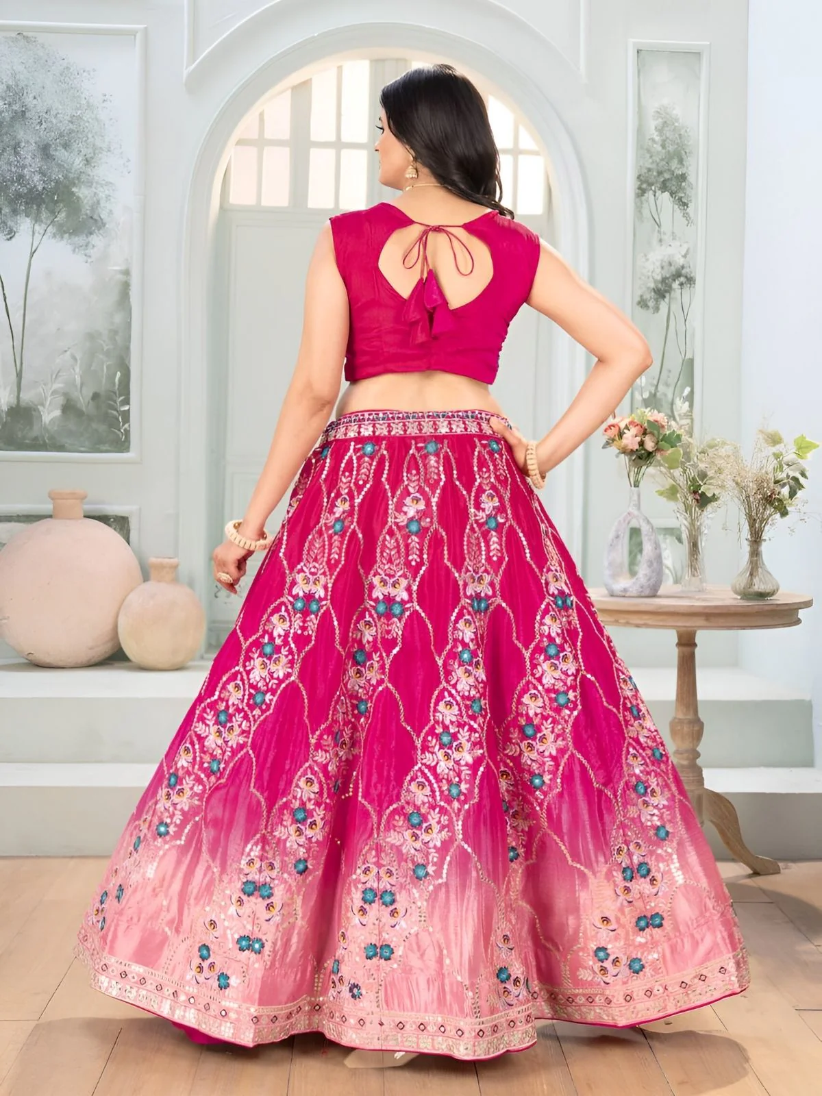 Odette Pink Chinon Embroidered Semi-Stitched lehenga For Women - Image 3