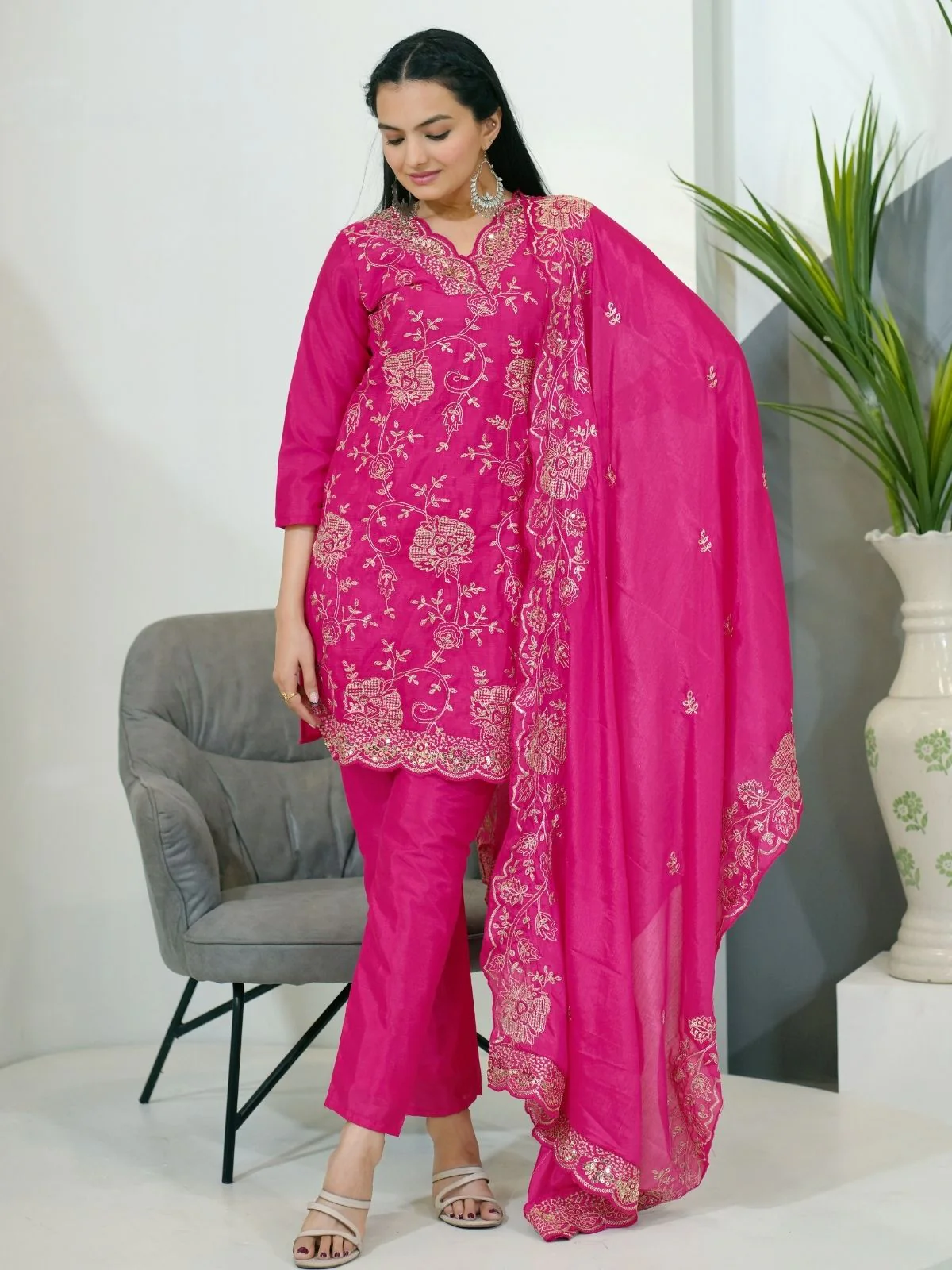 Odette Pink Chinon Embroidered Stitched Kurta Set For Women