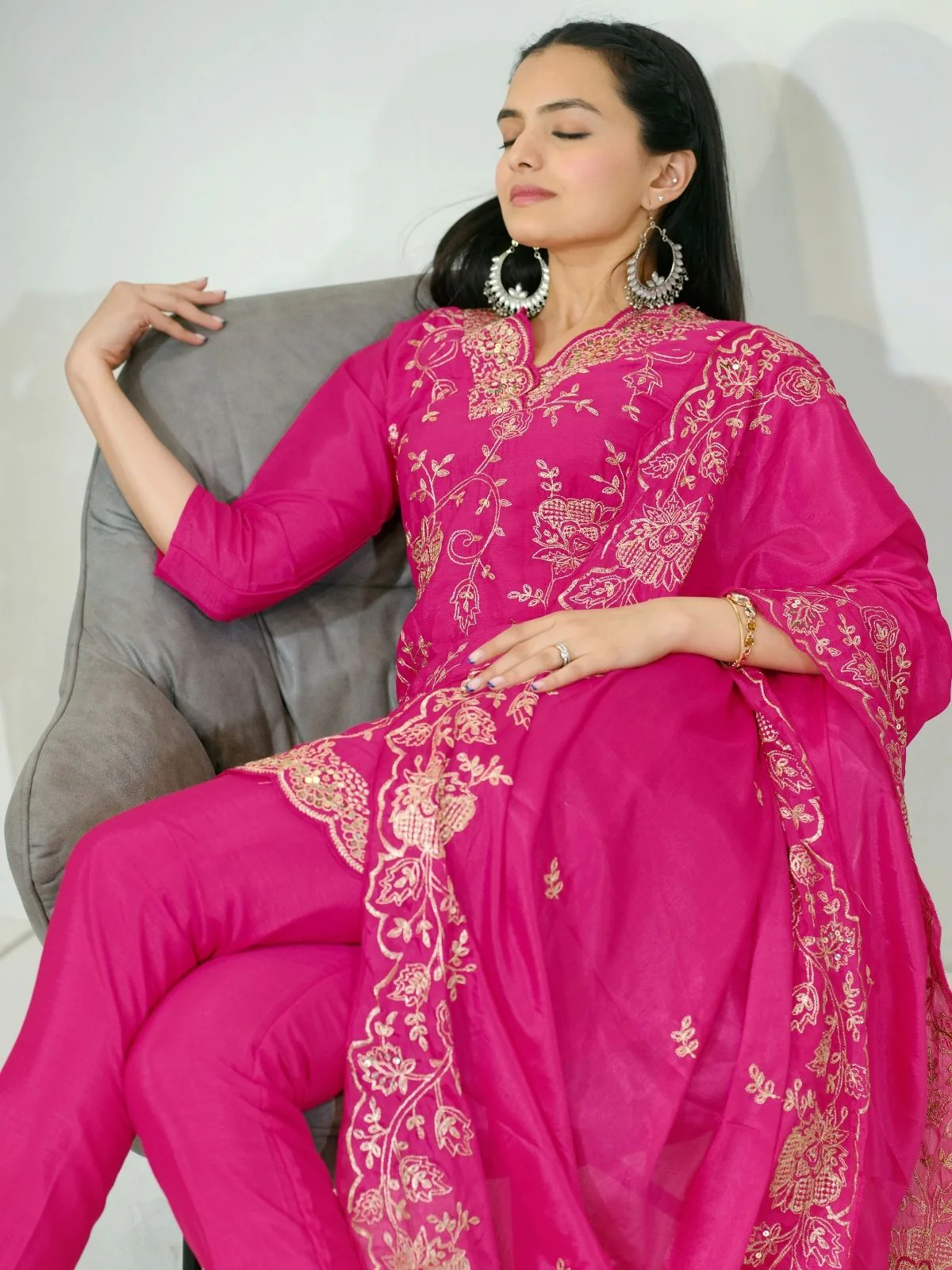 Odette Pink Chinon Embroidered Stitched Kurta Set For Women - Image 6