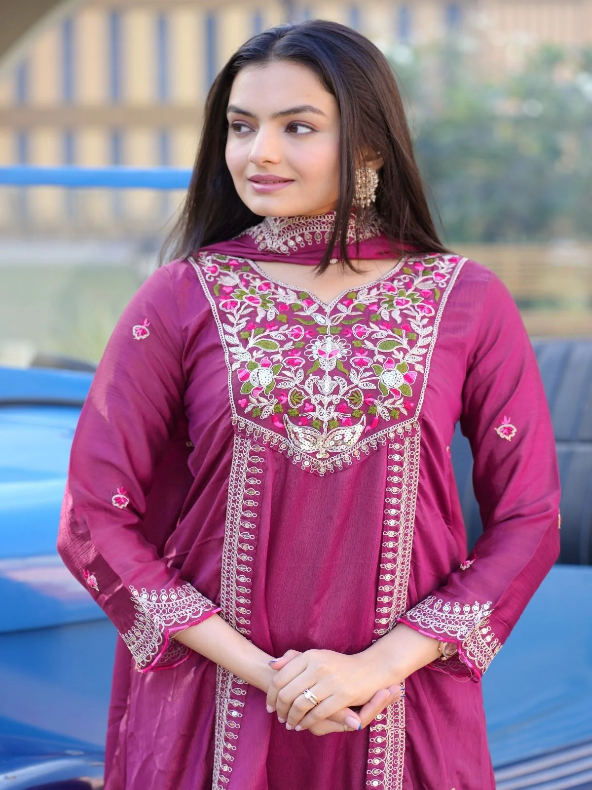 Odette Pink ChinonÂ Embroidered Stitched Kurta Set For Women - Image 3
