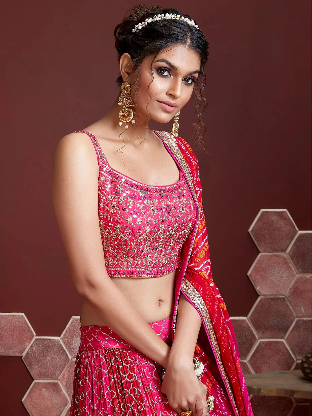 Odette Pink Chinon Silk Embellished Semi Stitched Lehenga With Unstitched Blouse For Women - Image 2