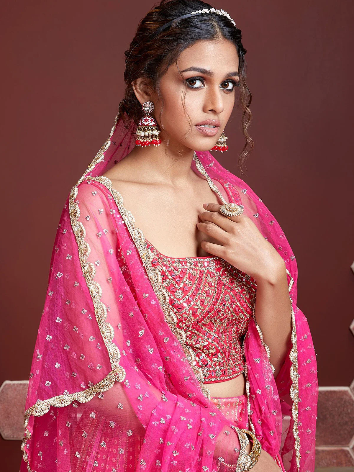 Odette Pink Chinon Silk Embellished Semi Stitched Lehenga With Unstitched Blouse For Women - Image 2
