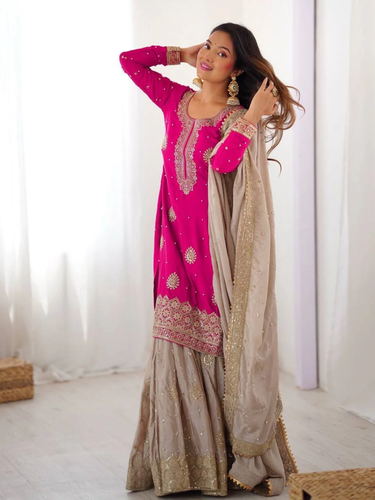 Odette Pink Chinon Solid Stitched Kurta Set For Women - Image 2