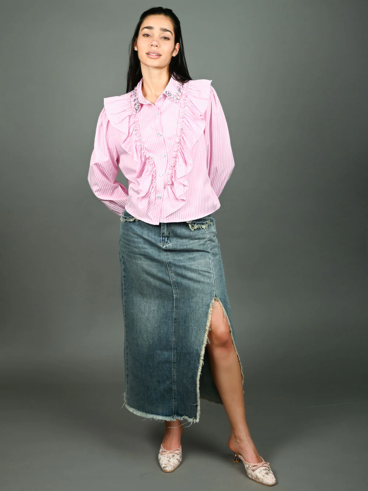 Odette Pink Cotton Blend Embellished Shirt For Women
