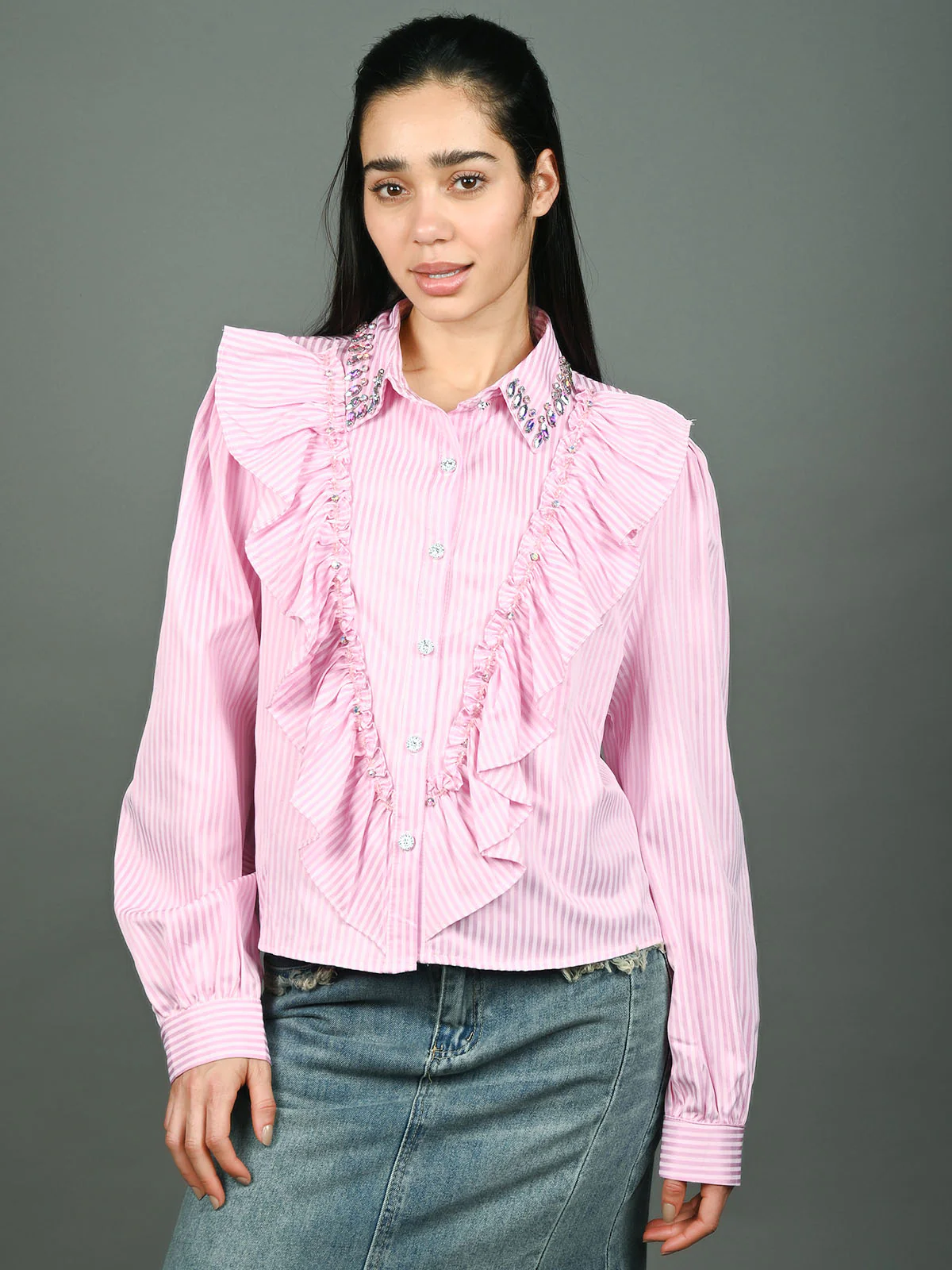 Odette Pink Cotton Blend Embellished Shirt For Women - Image 2