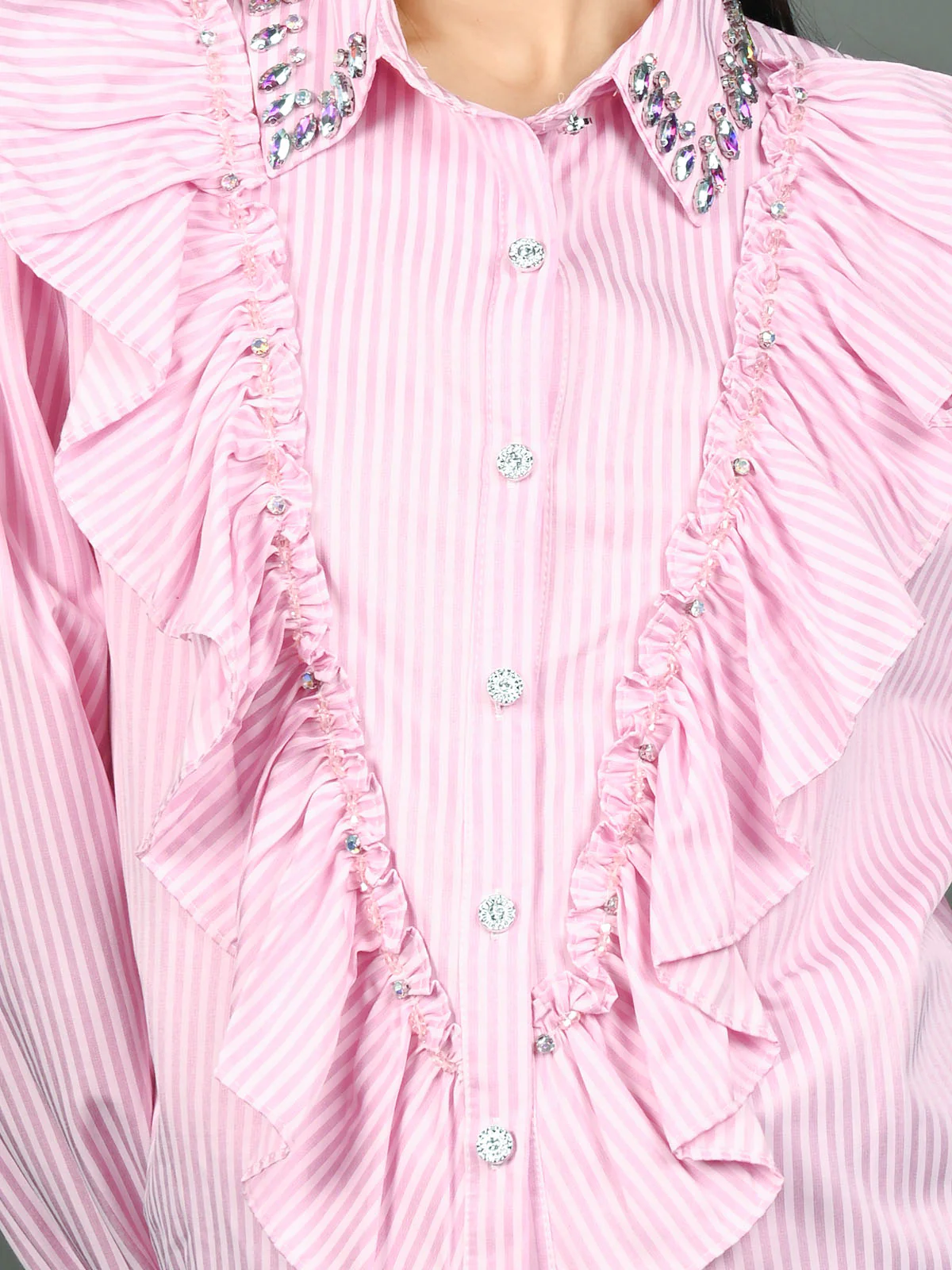 Odette Pink Cotton Blend Embellished Shirt For Women - Image 5