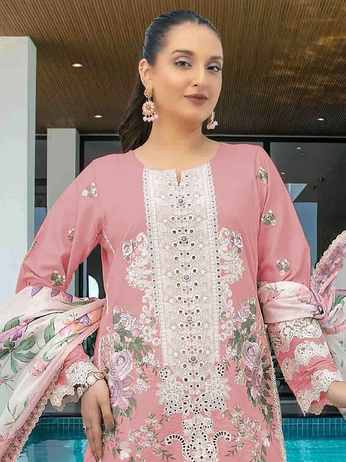 Odette Pink Cotton Blend Embroidered Semi Stitched Kurta Set For Women - Image 2