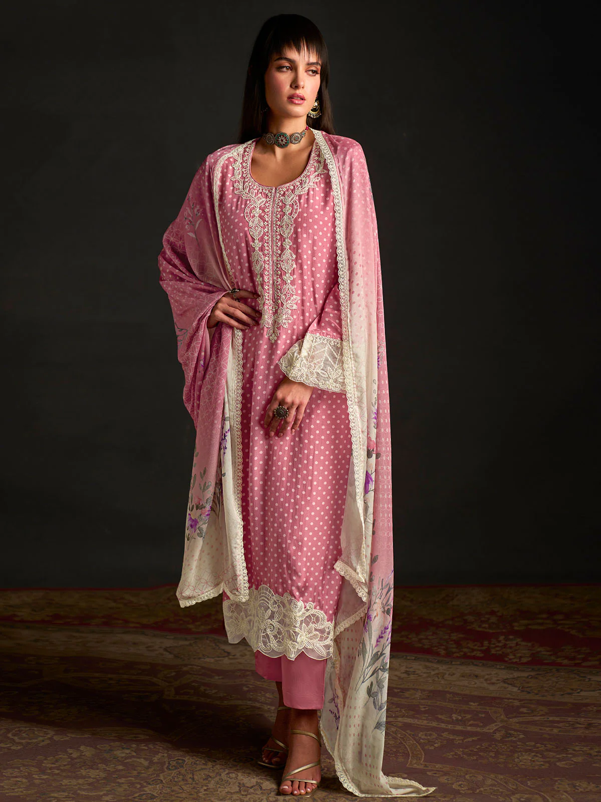 Odette Pink Cotton Blend  Embroidered Semi-Stitched Kurta Set For Women - Image 2