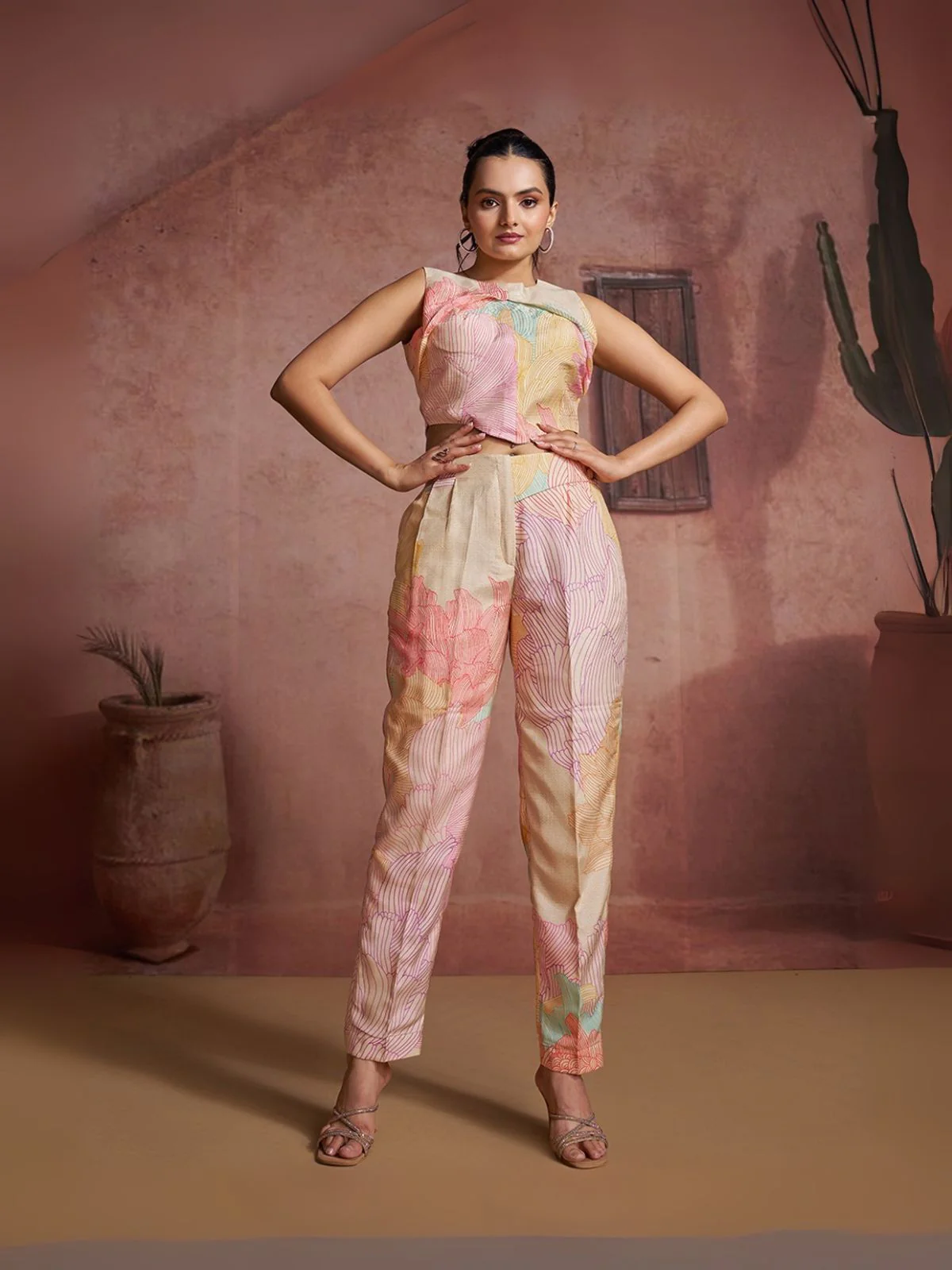 Odette Pink Cotton Blend Printed Co-ord Set For Women