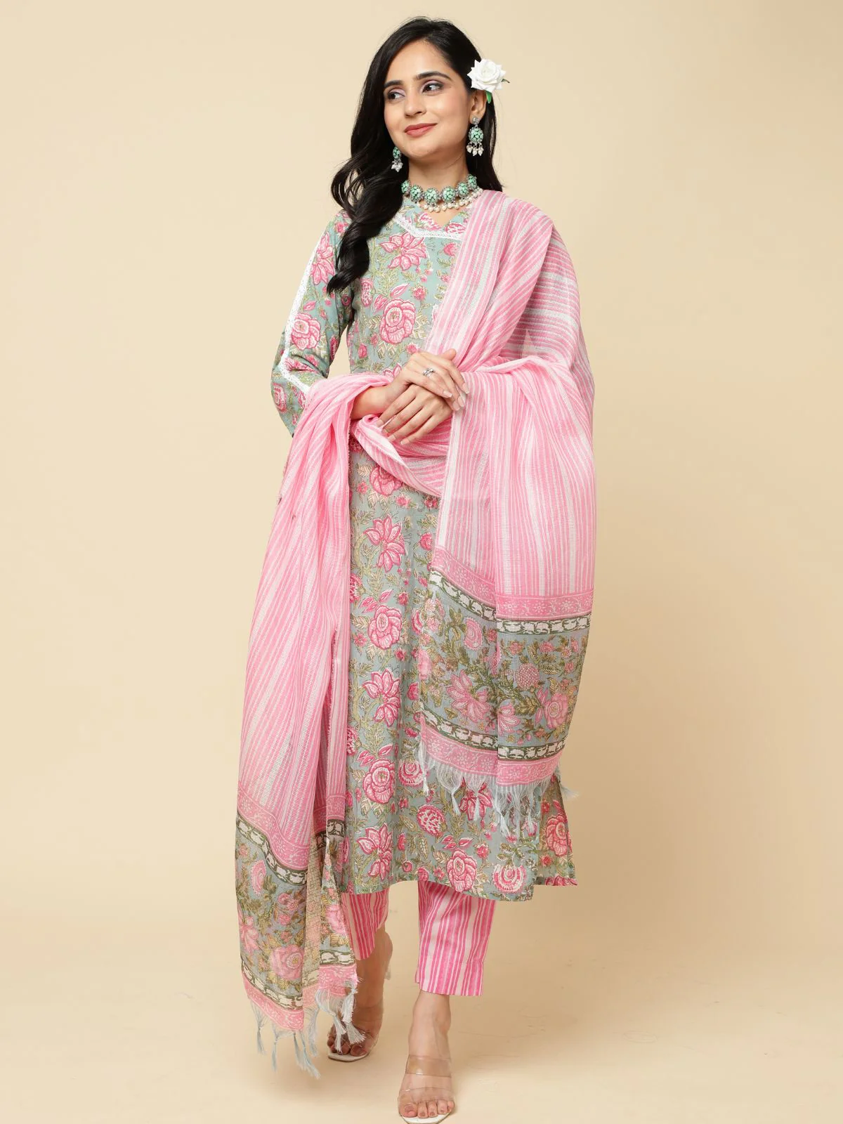 Odette Pink Cotton Blend Printed Stitched Kurta Set For Women - Image 2