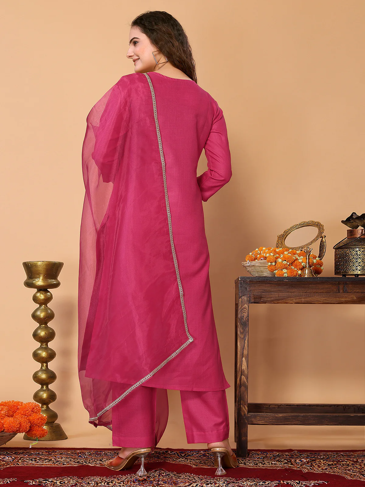 Odette Pink Cotton Blend Embroidered Stitched Kurta Set For Women - Image 3