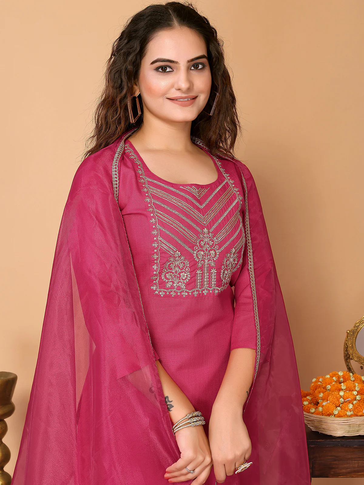 Odette Pink Cotton Blend Embroidered Stitched Kurta Set For Women - Image 4