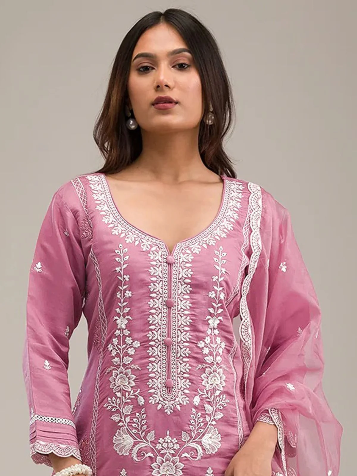 Odette Pink Cotton Blend Embroidered Semi-Stitched Kurta Set For Women - Image 2