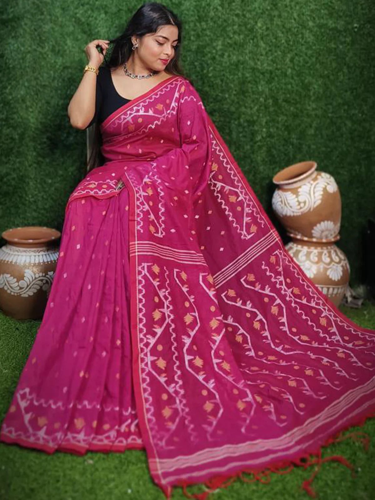 Odette Pink  Cotton Jamdani Saree  With Unstitched Blouse for Women - Image 2