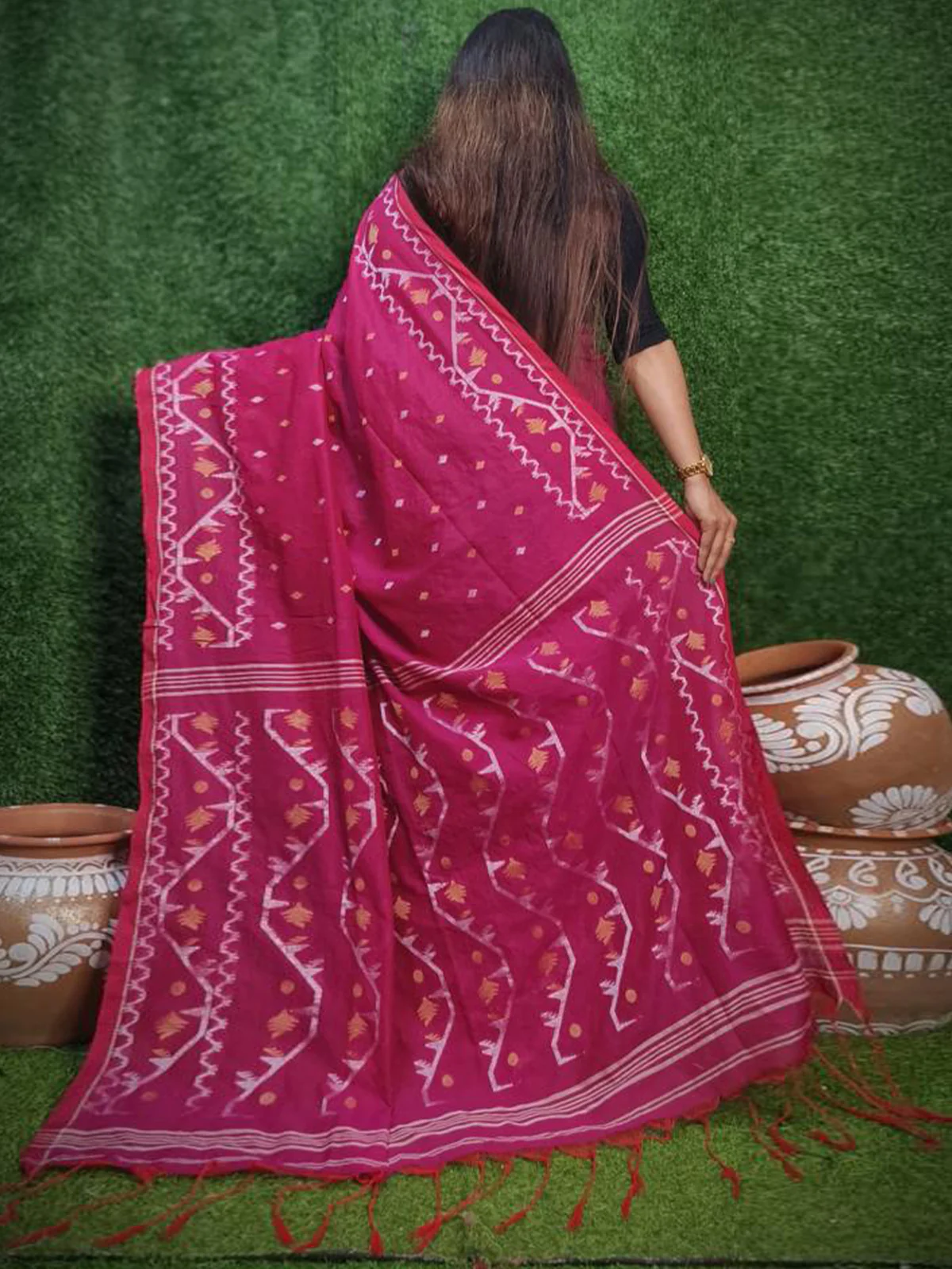 Odette Pink  Cotton Jamdani Saree  With Unstitched Blouse for Women - Image 3