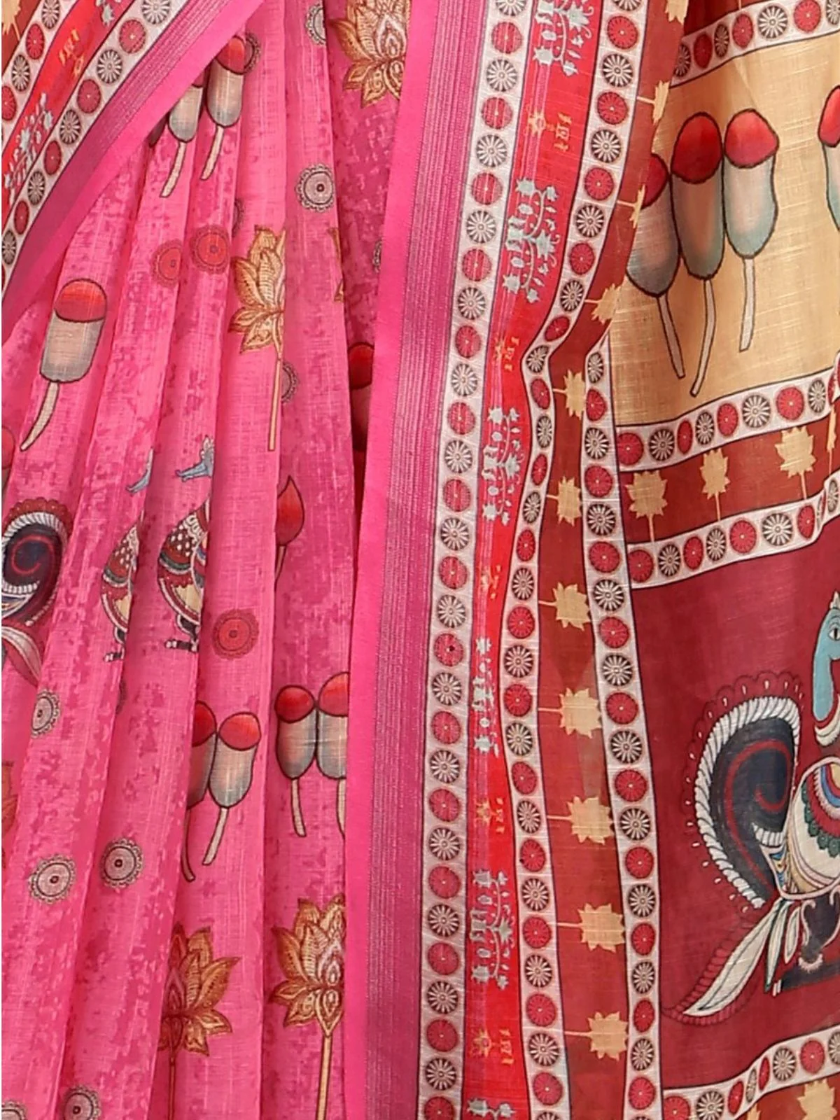 Odette Pink Cotton Linen Solid Printed Saree For Women - Image 5
