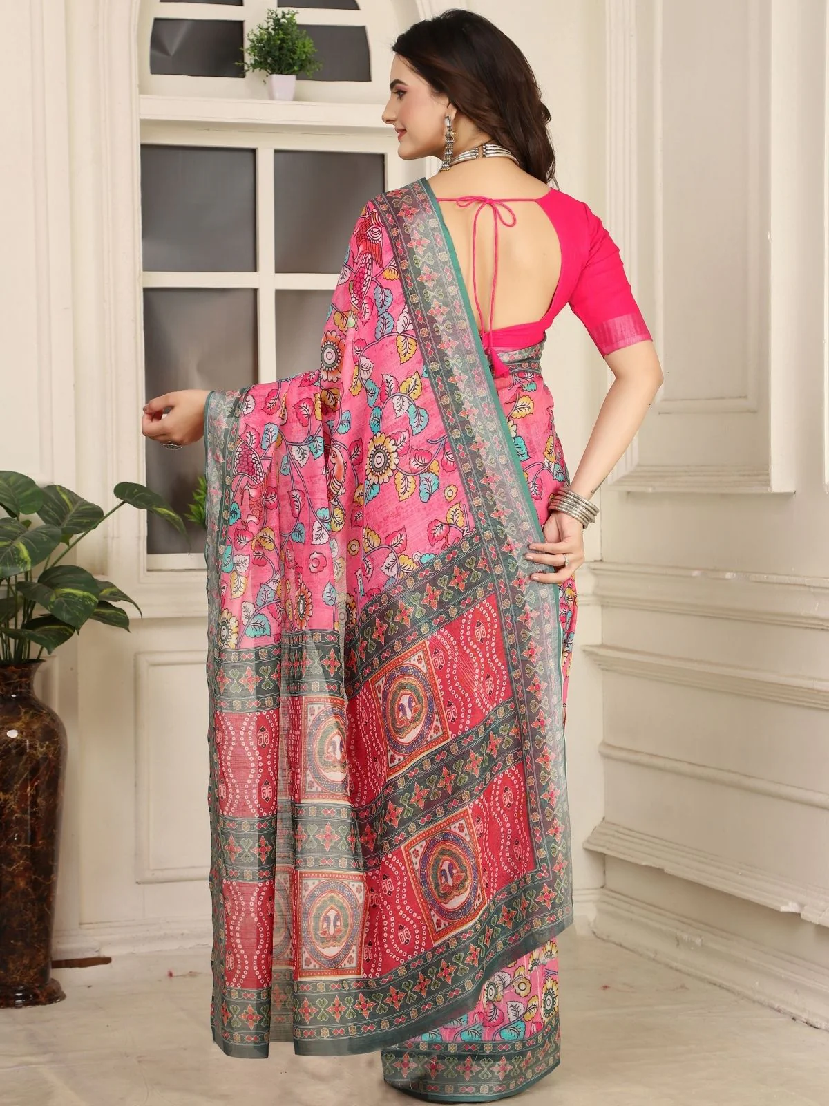 Odette Pink Cotton Linen Solid Printed Saree For Women - Image 3