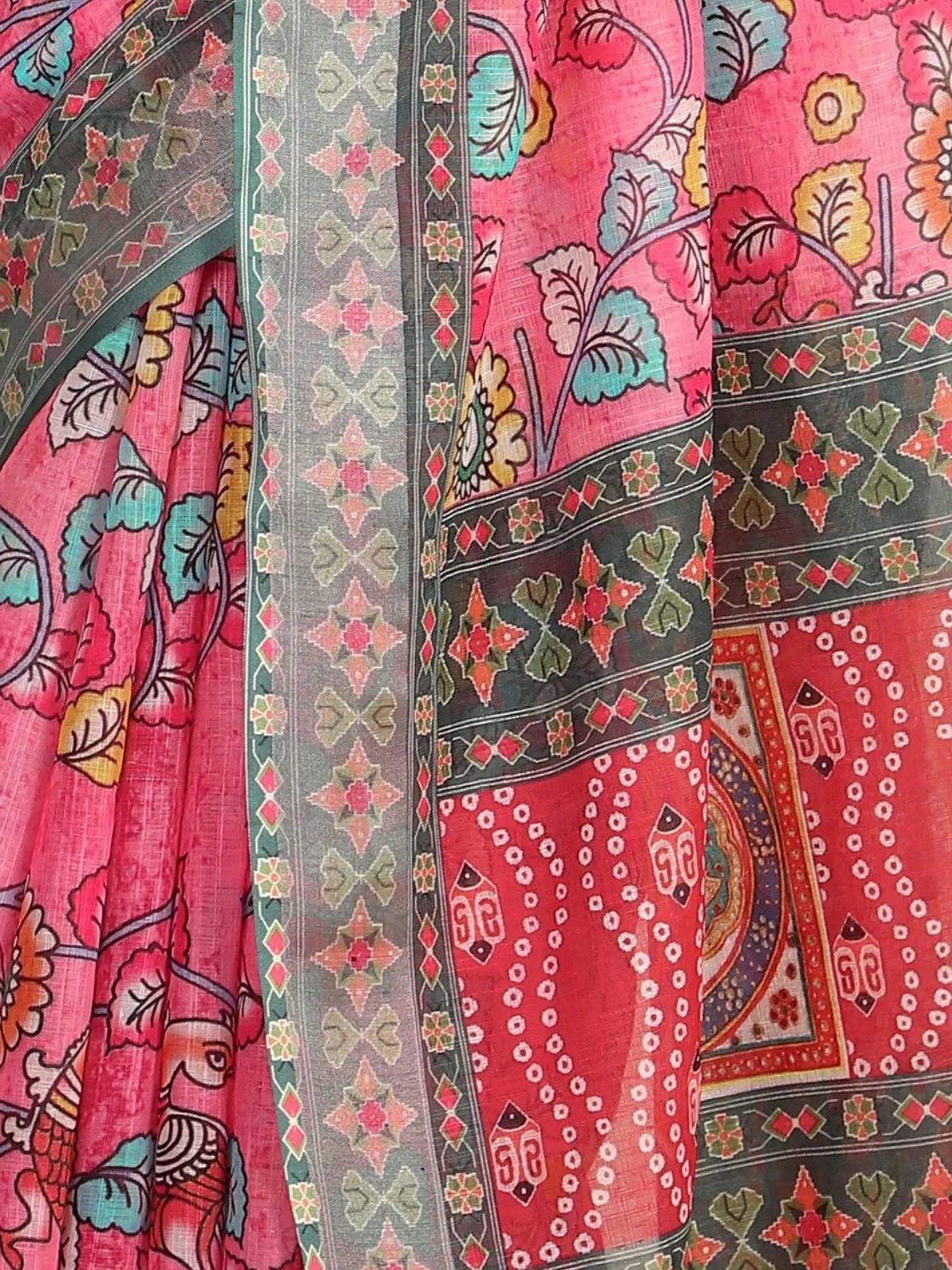 Odette Pink Cotton Linen Solid Printed Saree For Women - Image 5