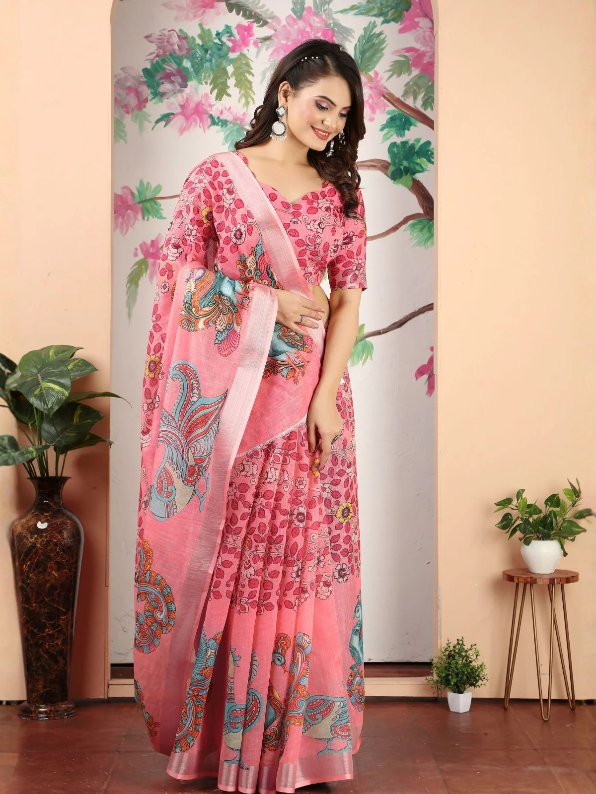 Odette Pink Cotton Linen Woven Printed Saree For Women - Image 3