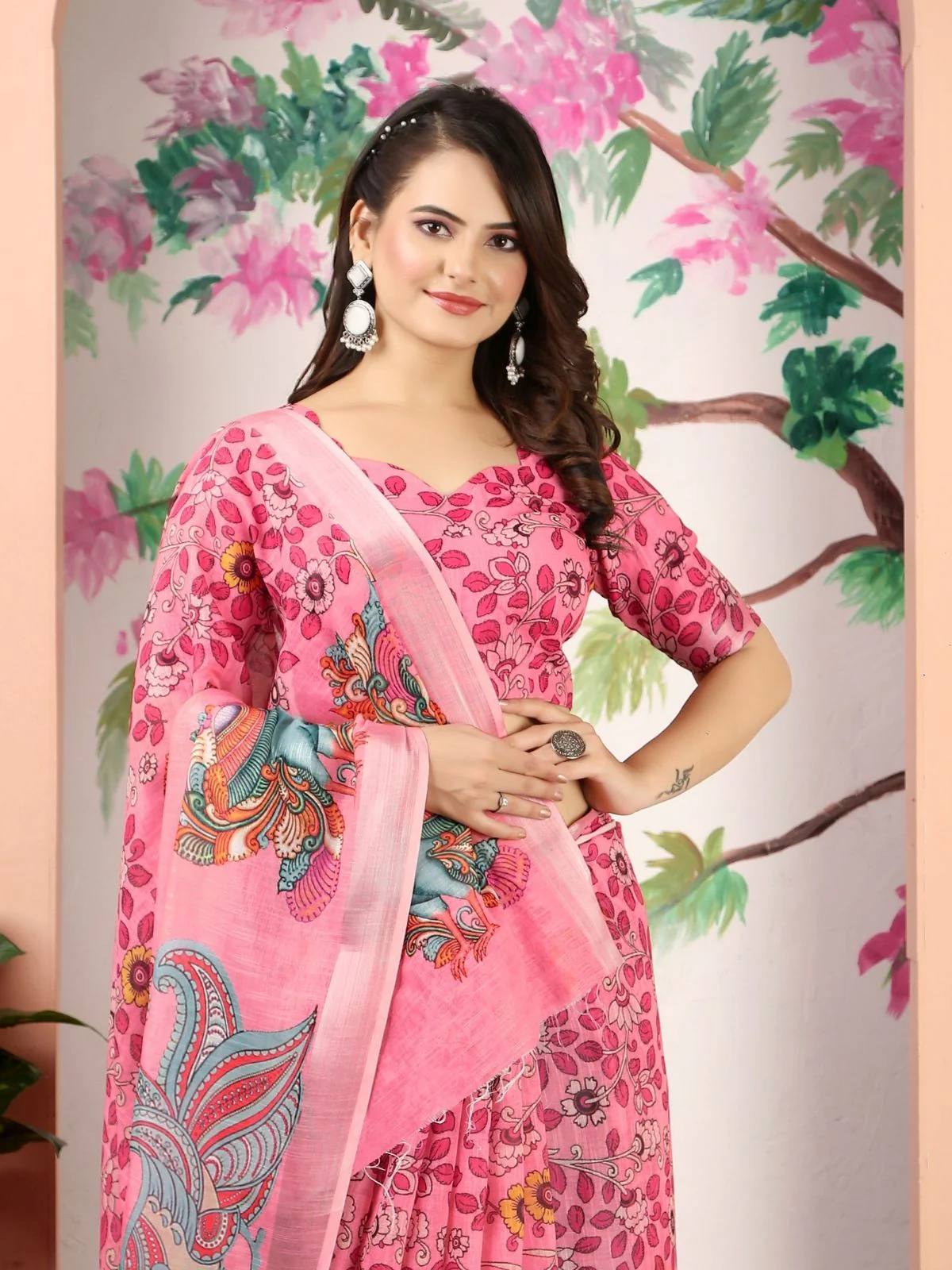Odette Pink Cotton Linen Woven Printed Saree For Women - Image 4