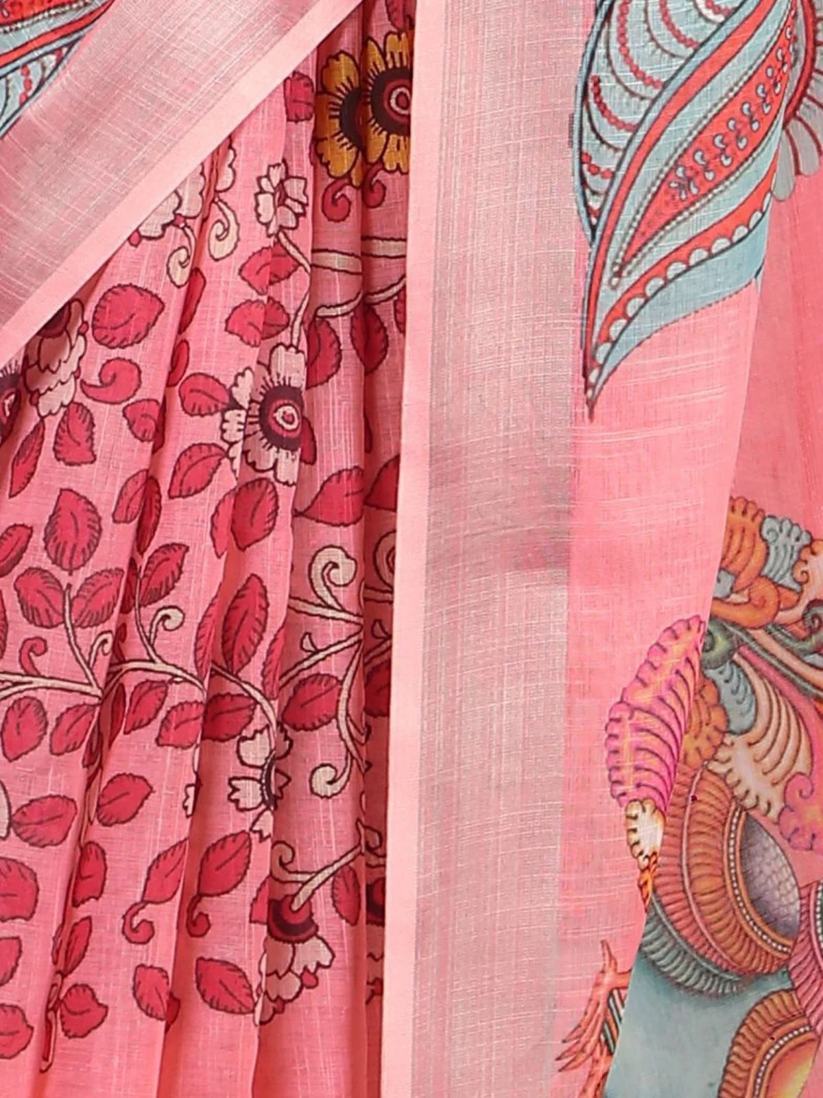 Odette Pink Cotton Linen Woven Printed Saree For Women - Image 5