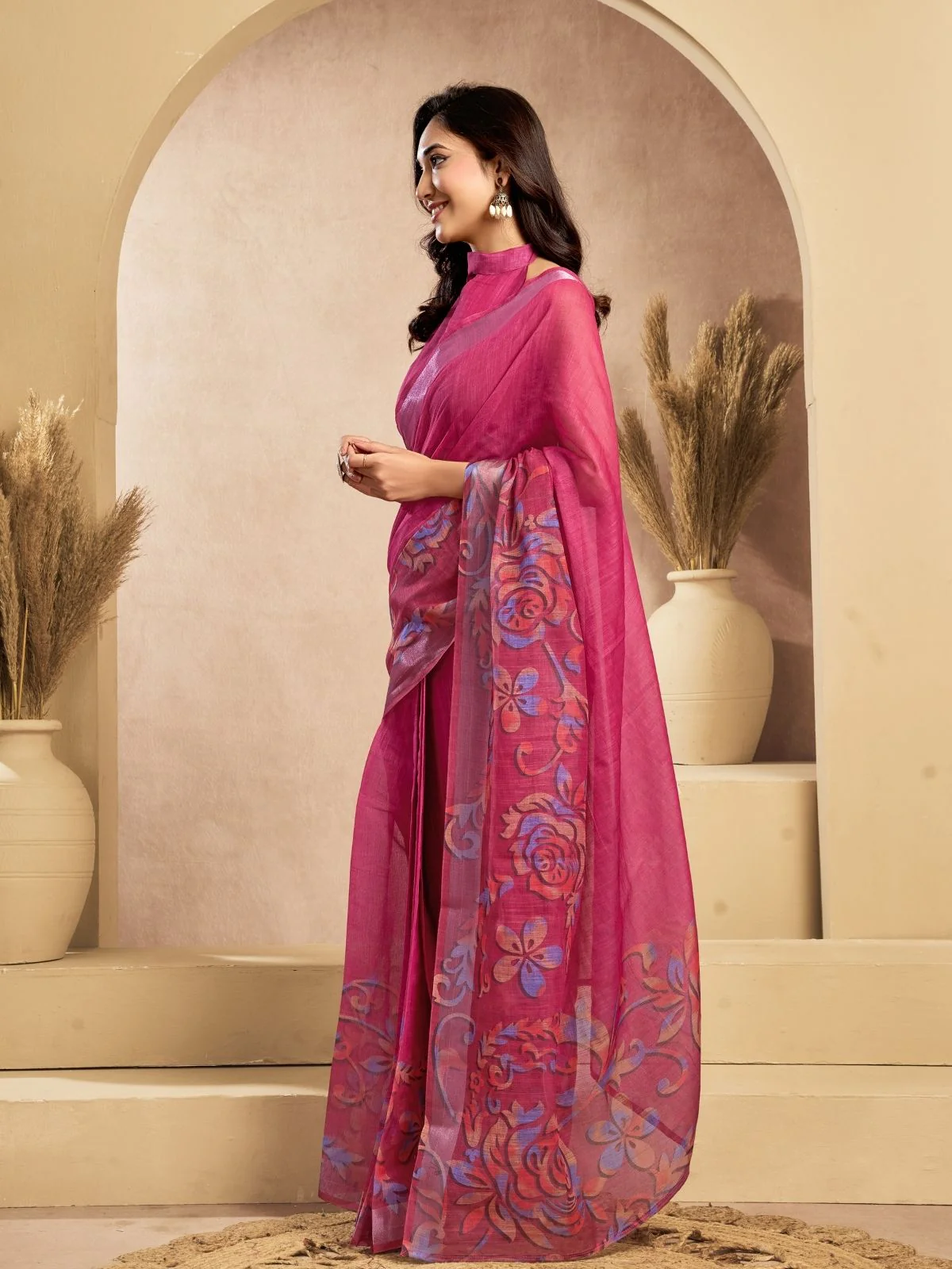Odette Pink Cotton Linen Zari Work Saree For Women - Image 2