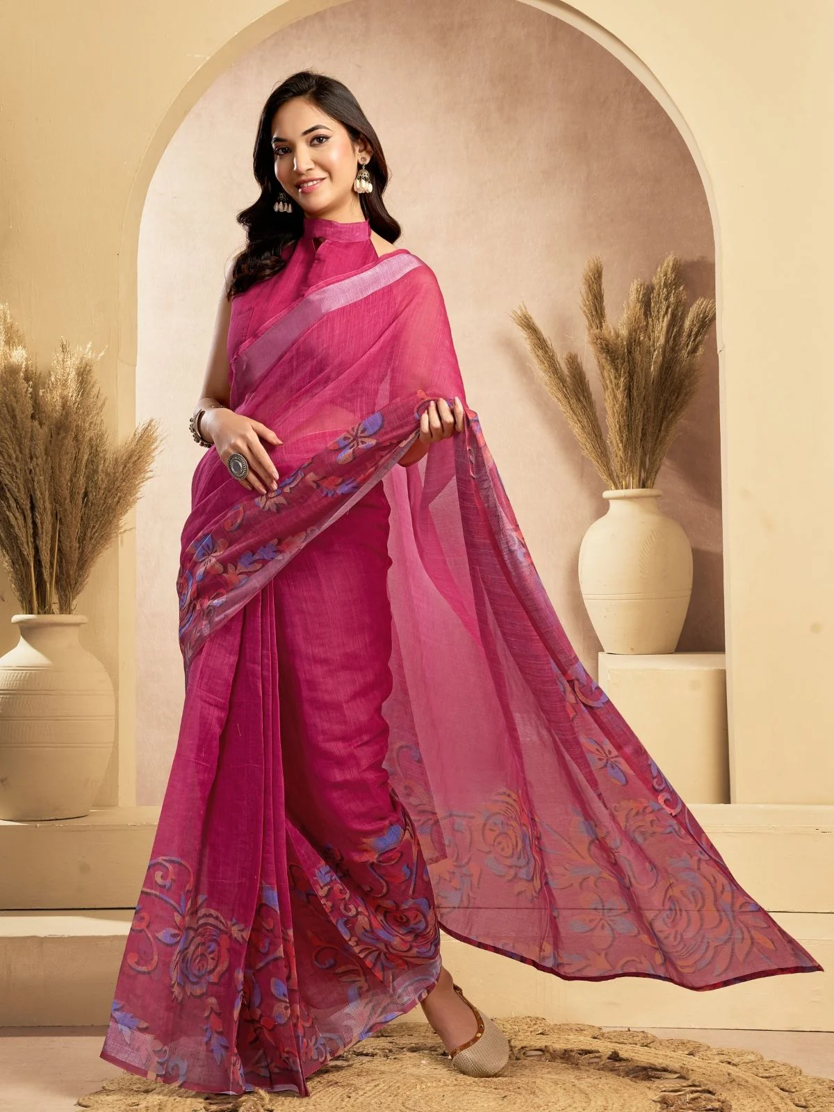 Odette Pink Cotton Linen Zari Work Saree For Women - Image 3