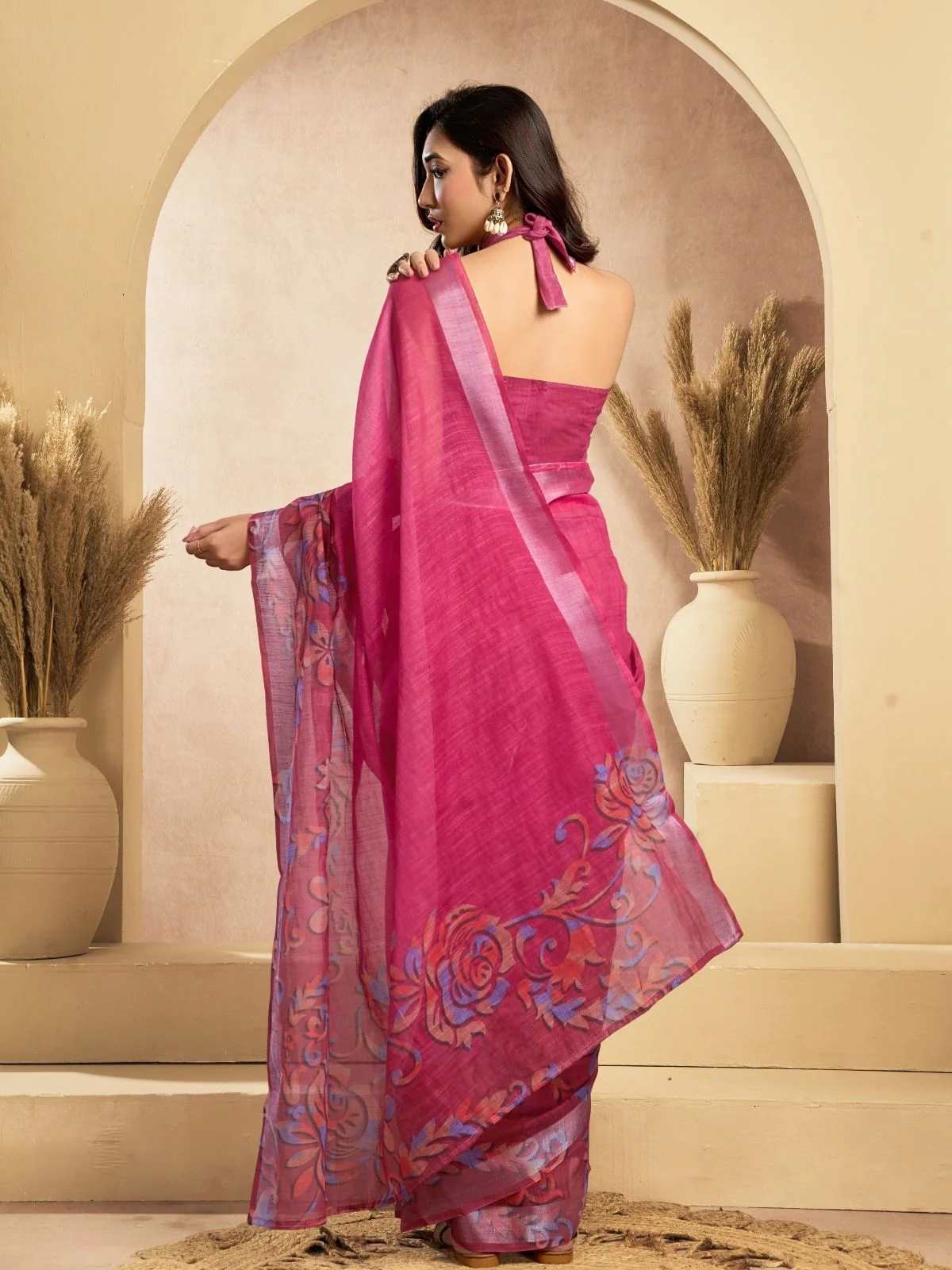Odette Pink Cotton Linen Zari Work Saree For Women - Image 4