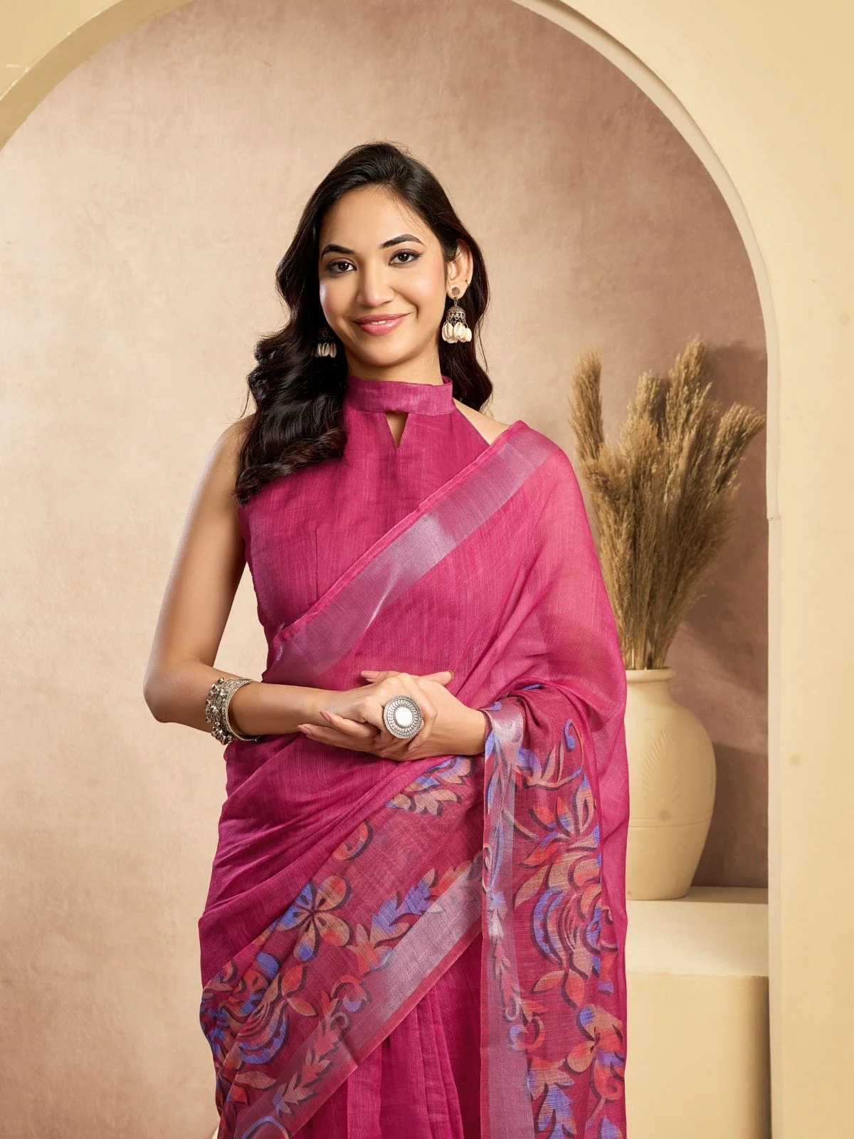 Odette Pink Cotton Linen Zari Work Saree For Women - Image 5