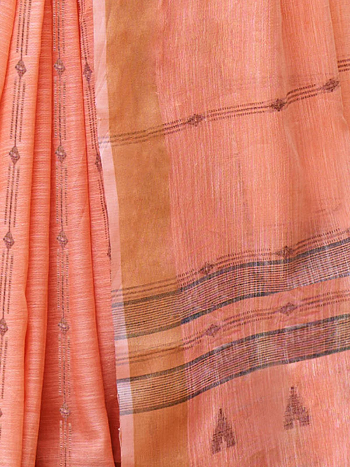 Odette Peach Cotton Woven Saree With Unstitched Blouse For Women - Image 3