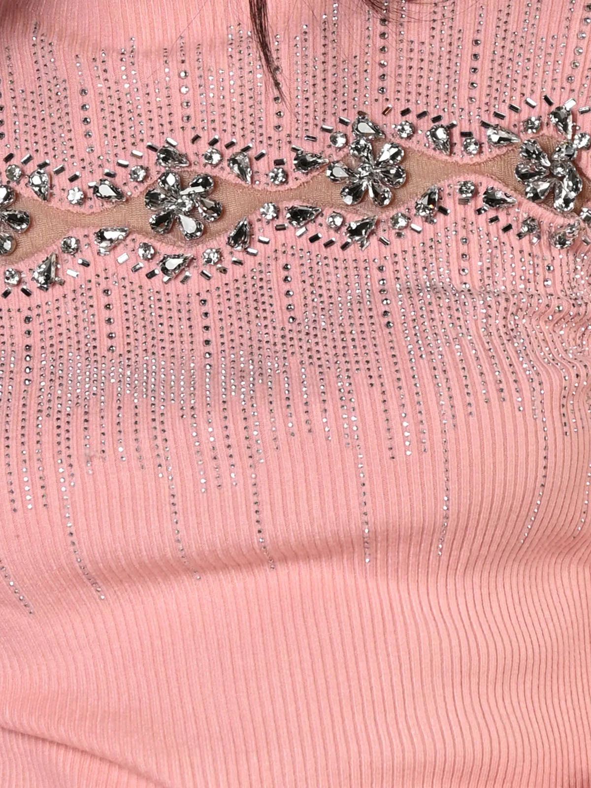 Odette Pink Cotton Rib Embellished Top For Women - Image 5