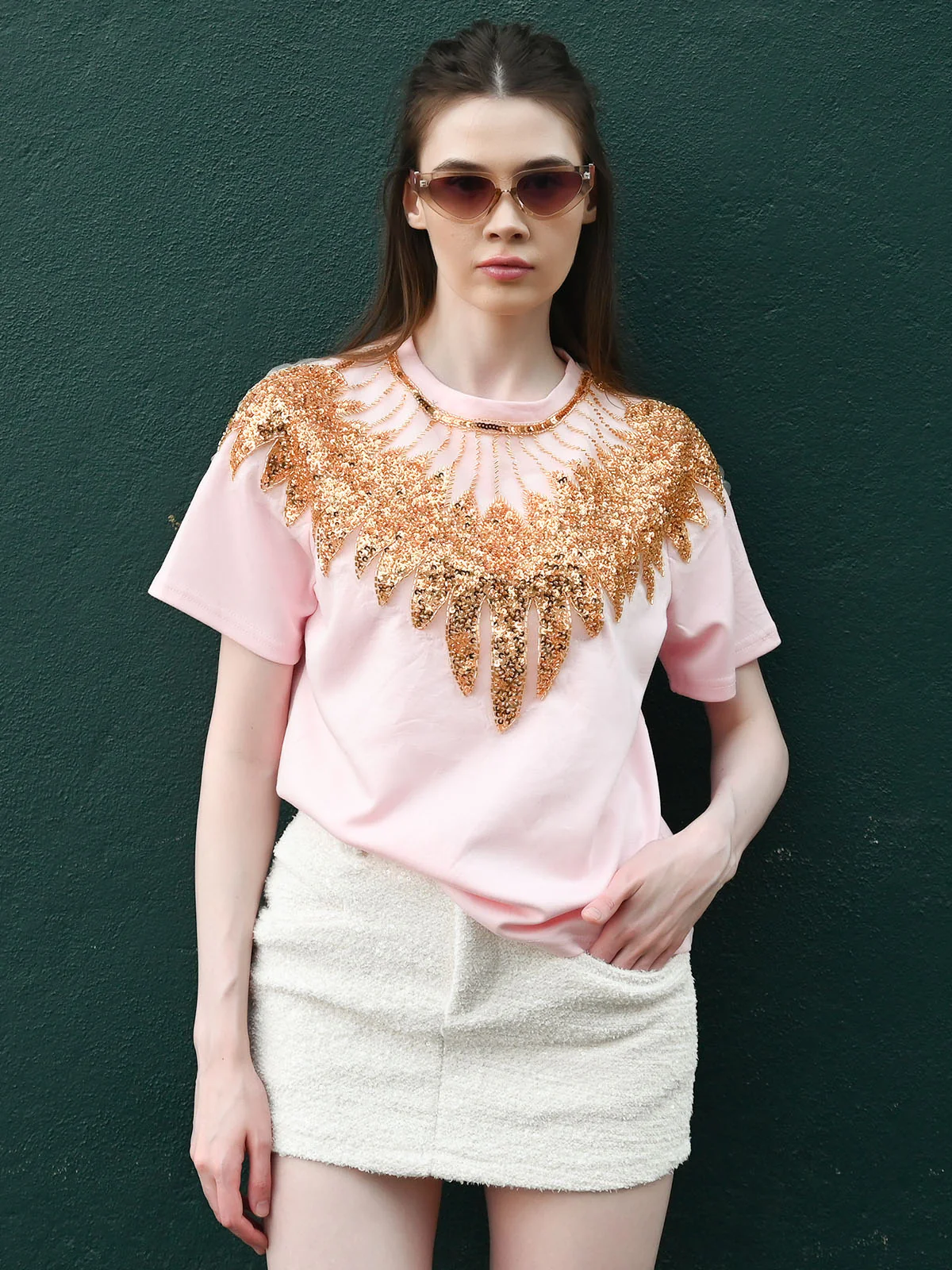 Odette Pink Cotton Rib Solid T-shirt For Women - Image 5