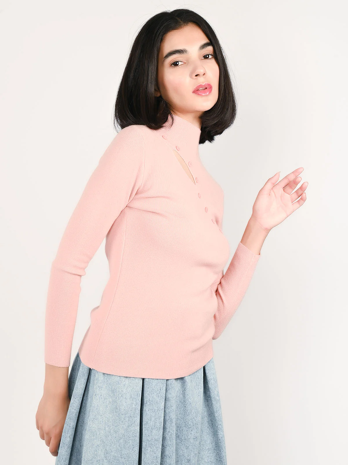 Odette Pink Cotton Rib Solid Top For Women - Image 2