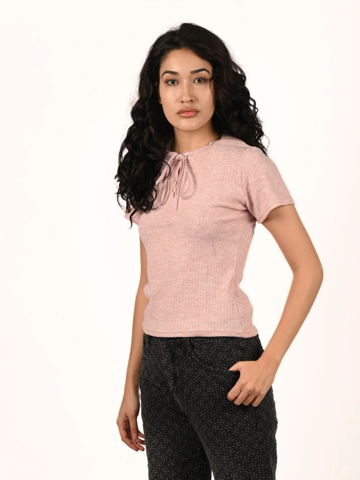 Odette Pink Cotton Rib Solid Top For Women - Image 3