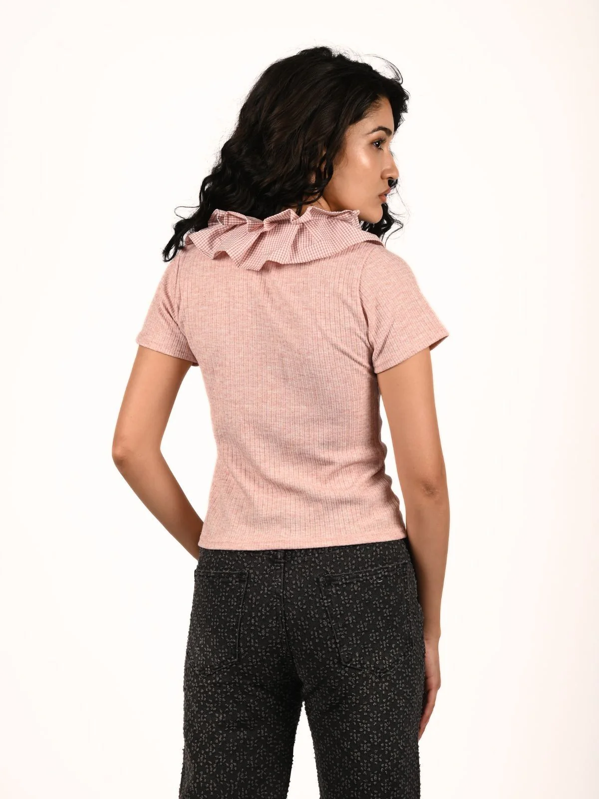 Odette Pink Cotton Rib Solid Top For Women - Image 4