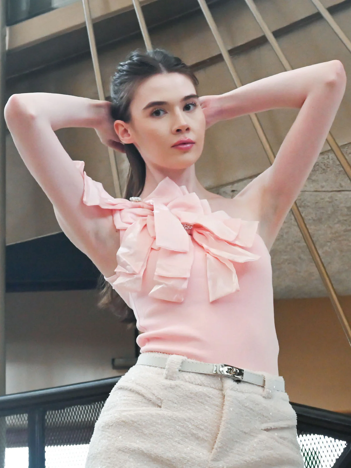 Odette Pink Cotton Rib Solid Top For Women - Image 2