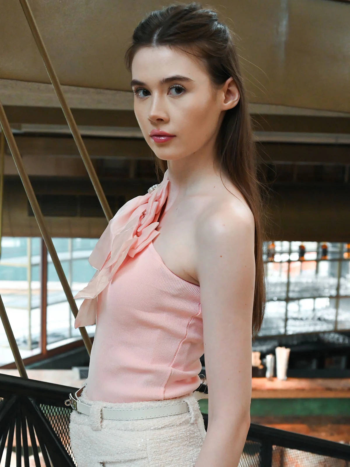 Odette Pink Cotton Rib Solid Top For Women - Image 3