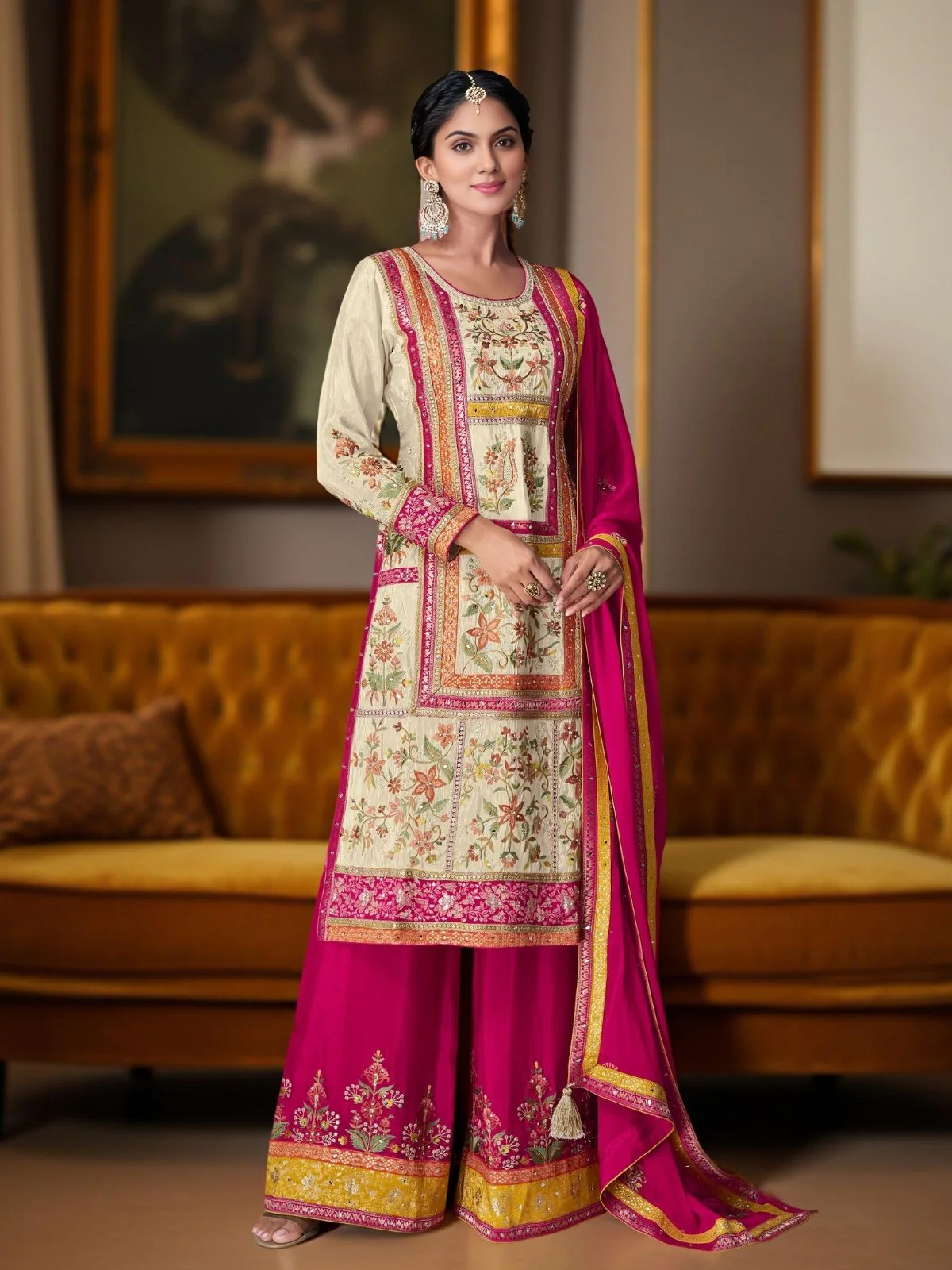Odette Pink & Cream Chinon Embroidered Stitched Kurta Set For Women