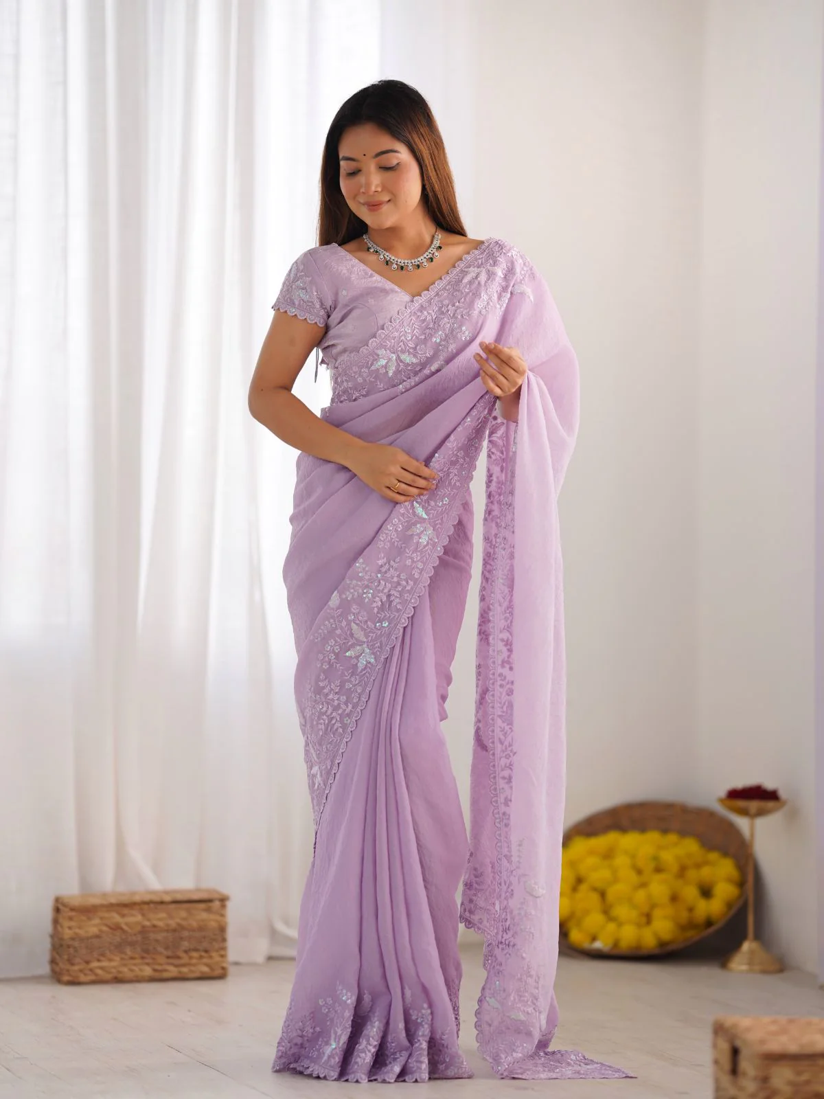 Odette Pink Crushed Tissue Embroidered Saree With Unstitched Blouse For Women - Image 2